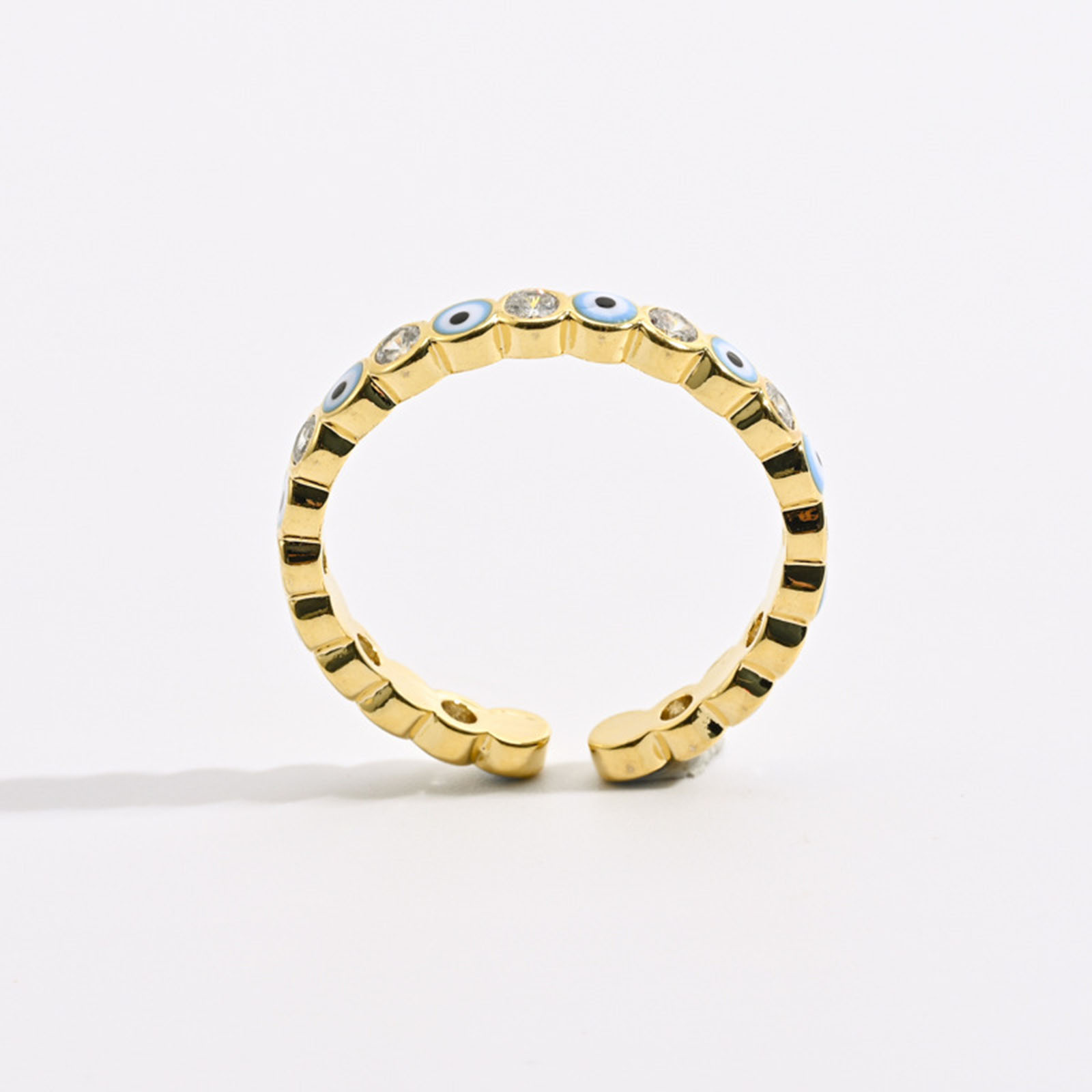 Picture of Eco-friendly Retro Stylish 14K Real Gold Plated Copper & Cubic Zirconia Open Adjustable Round Evil Eye Enamel Rings For Women