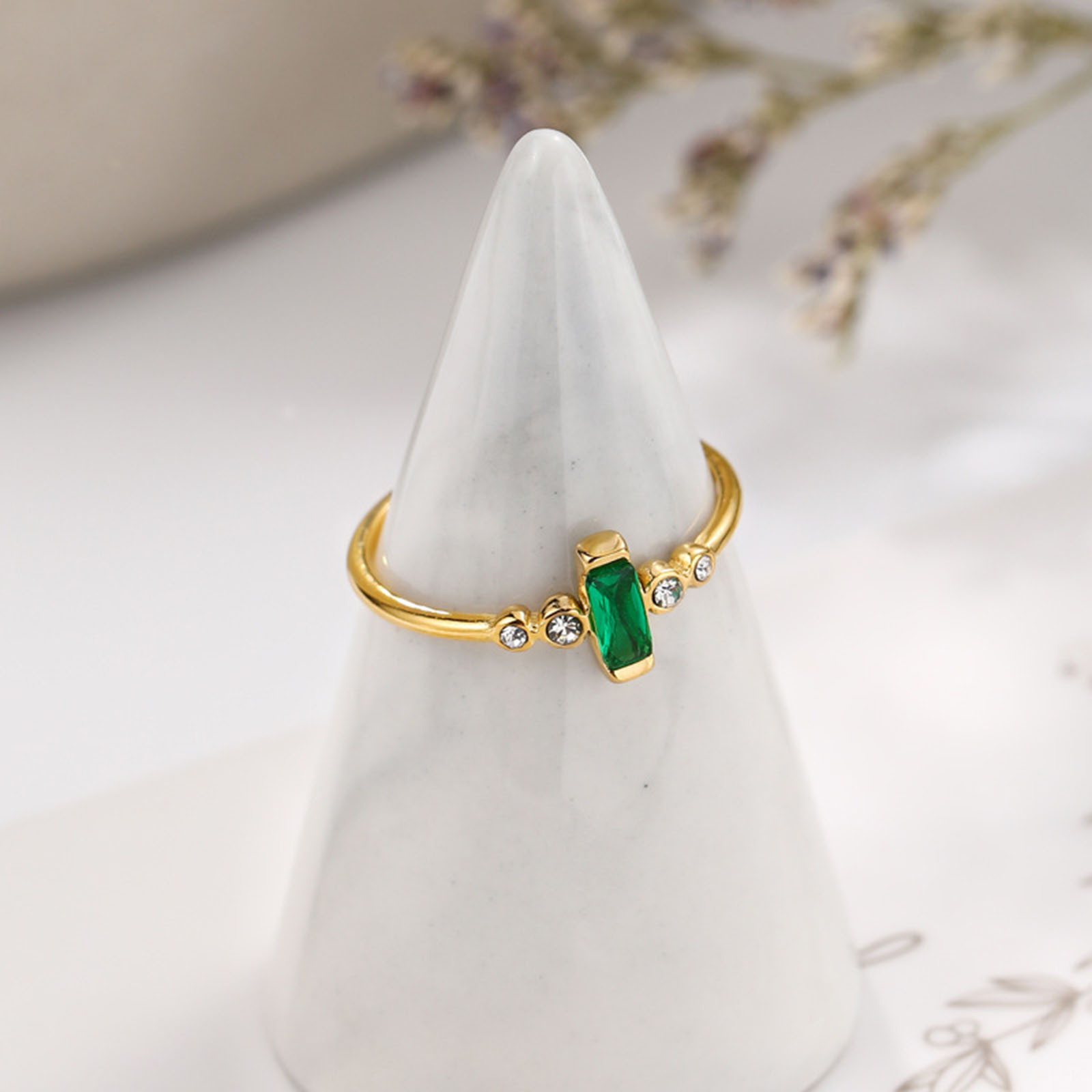 Imagen de Respetuoso del Medio Ambiente Exquisito piedra del zodíaco 14K Oro Real Chapado 304 Acero Inoxidable & Circón Artificial Abierto Ajustable Rectángulo Anillos Para Mujeres 1 Unidad