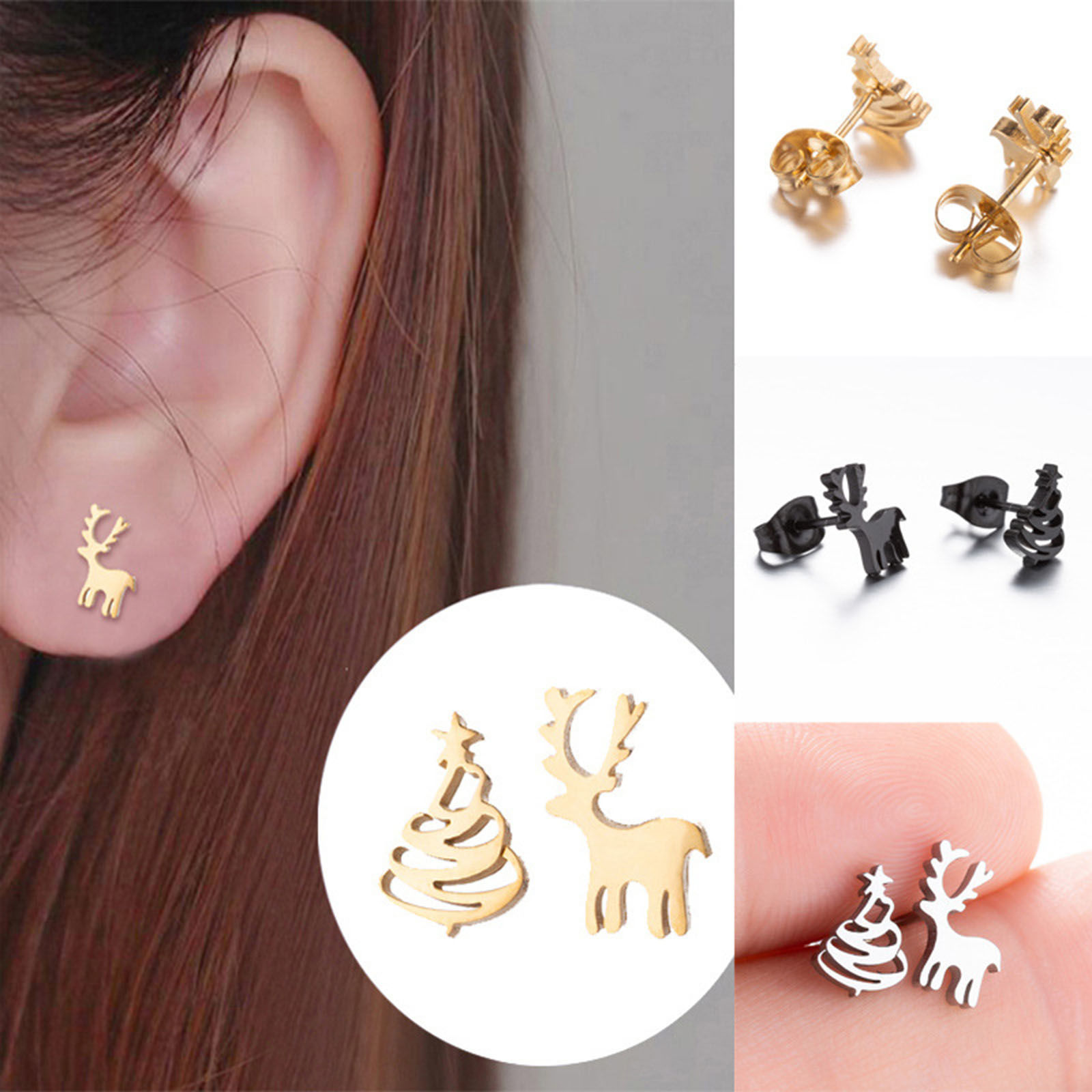 Immagine di 304 Acciaio Inossidabile Orecchini Asimmetrici Multicolore Albero di Natale Renna Filigrana 8mm Dia., Posta / Filo Dimensione: (20 misura), 1 Paio