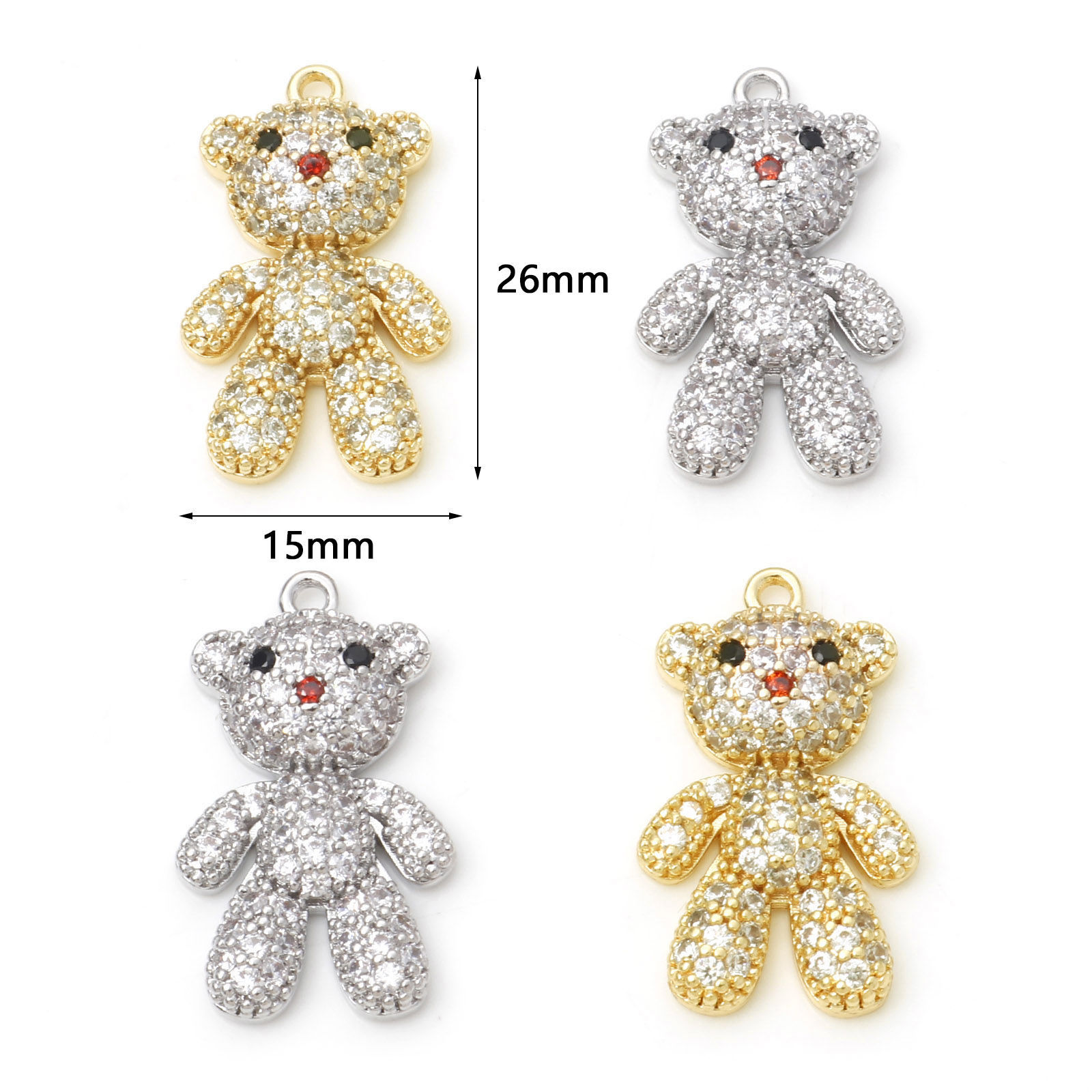 Picture of Brass Micro Pave Charms Bear Animal Real Gold Plated Clear Cubic Zirconia 26mm x 15mm