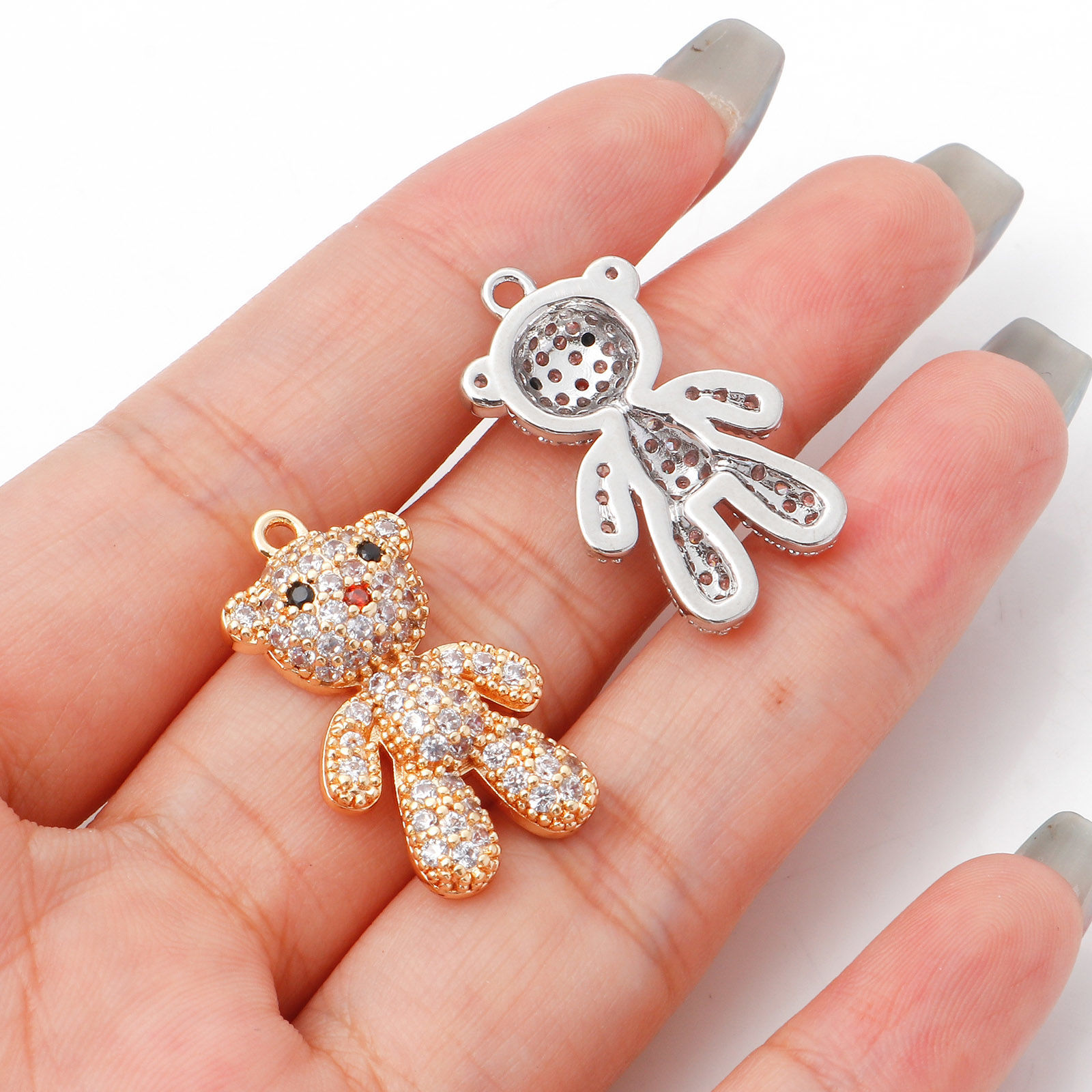 Picture of Brass Micro Pave Charms Bear Animal Real Gold Plated Clear Cubic Zirconia 26mm x 15mm