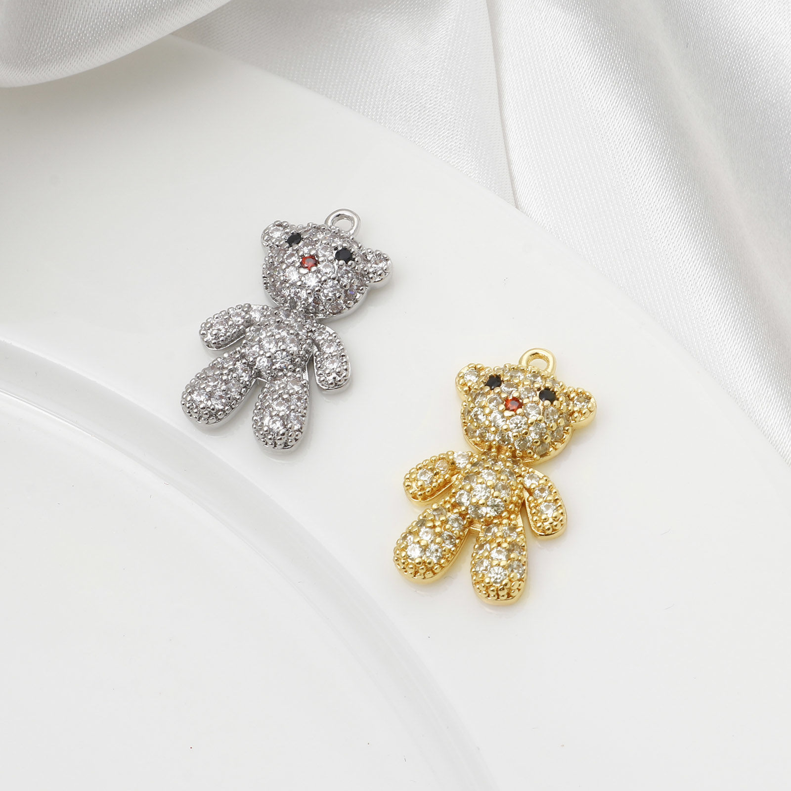Picture of Brass Micro Pave Charms Bear Animal Real Gold Plated Clear Cubic Zirconia 26mm x 15mm