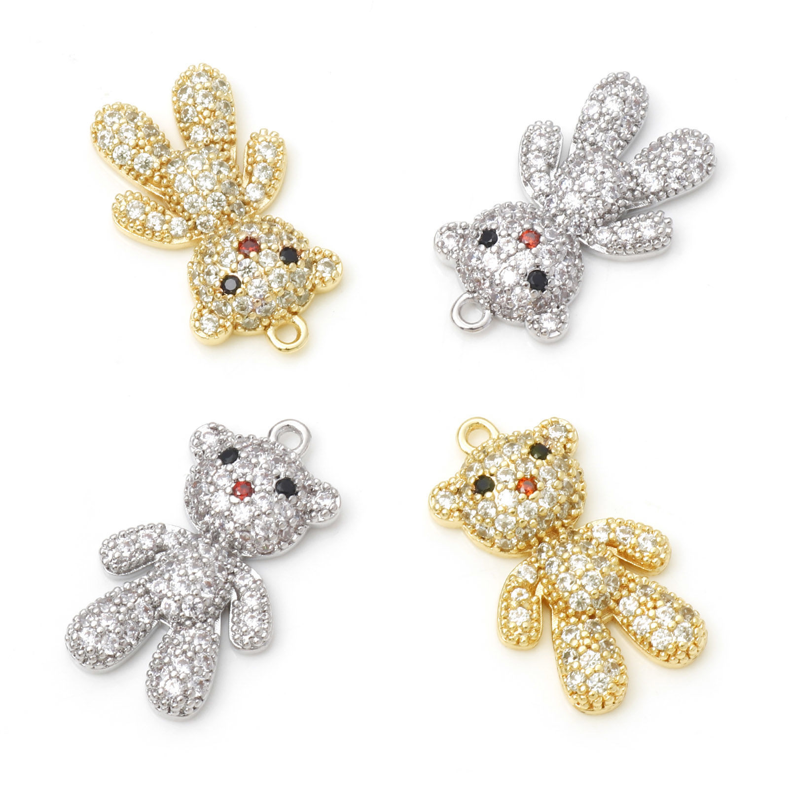Picture of Brass Micro Pave Charms Bear Animal Real Gold Plated Clear Cubic Zirconia 26mm x 15mm