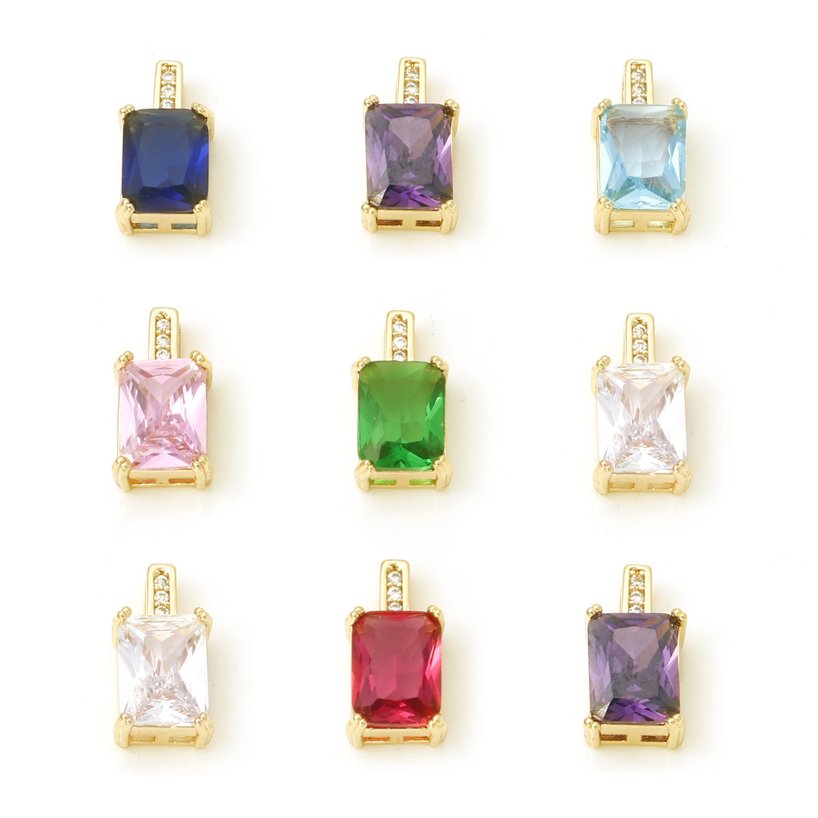 Picture of Brass Geometry Series Charms Rectangle Real Gold Plated Multicolour Cubic Zirconia 13mm x 7mm