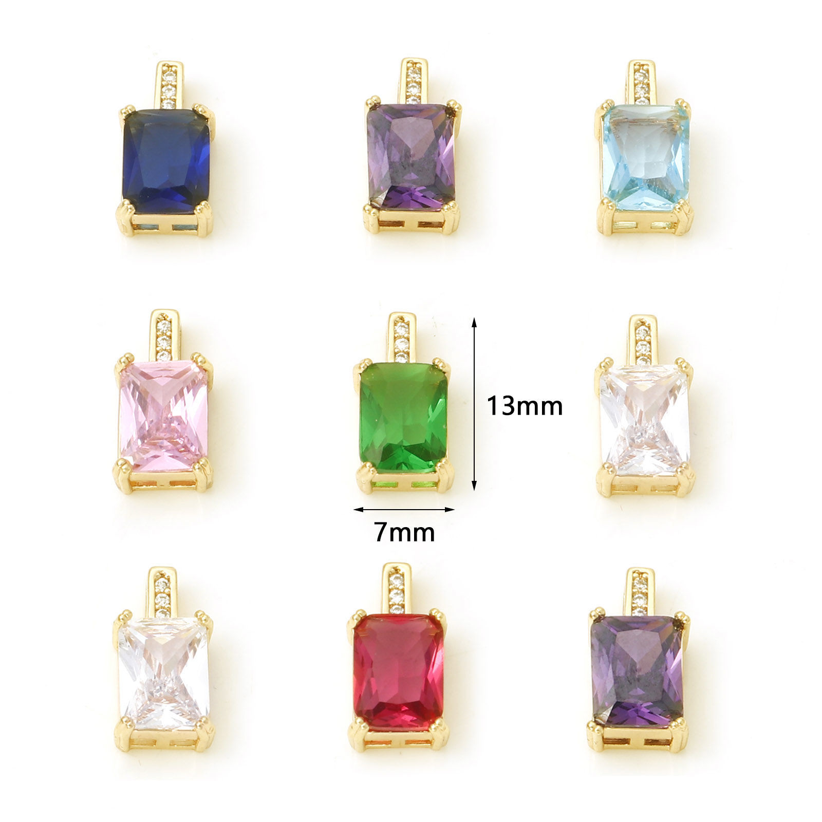 Picture of Brass Geometry Series Charms Rectangle Real Gold Plated Multicolour Cubic Zirconia 13mm x 7mm