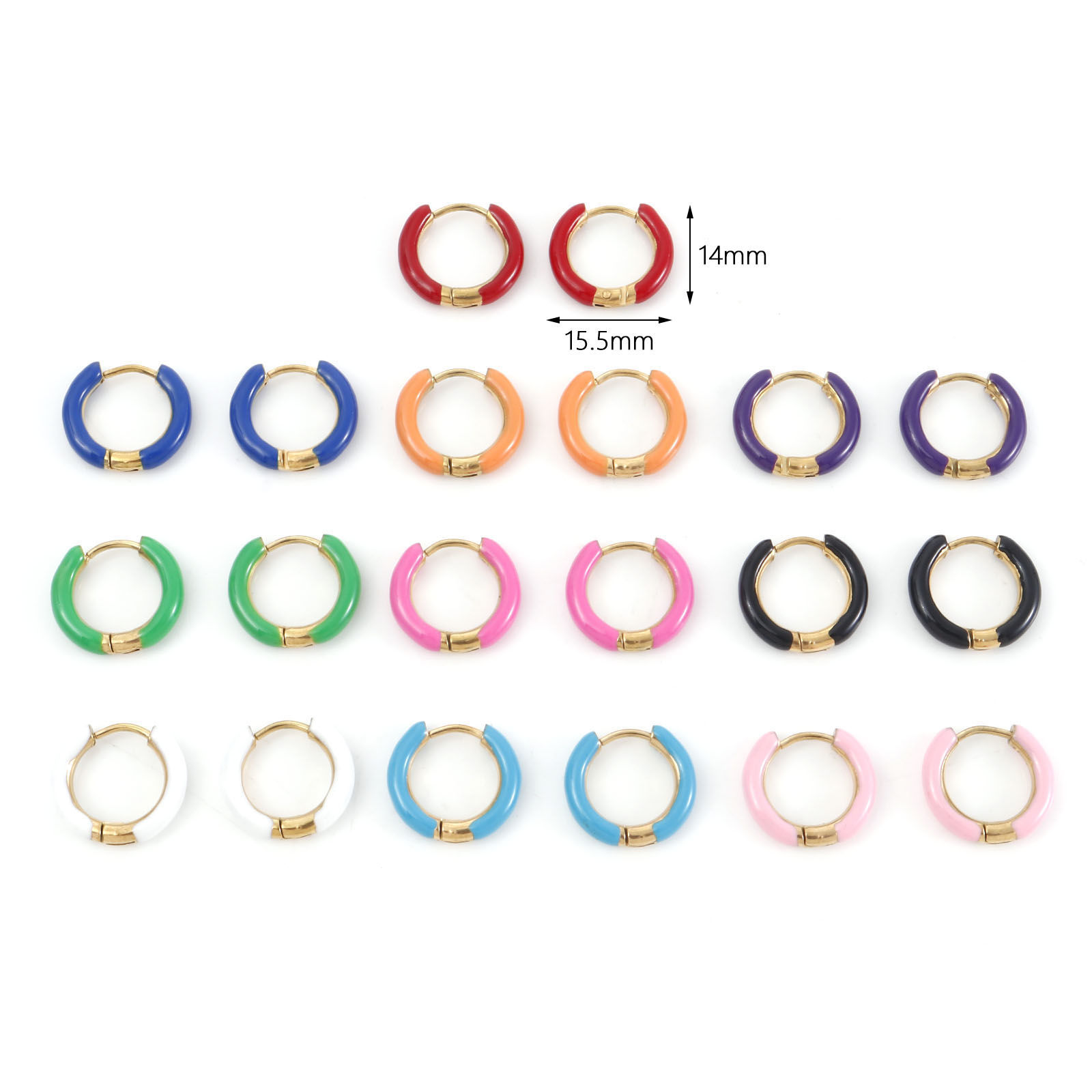 316ステンレス鋼 おしゃれ フープピアス 金メッキ 多色 環状 エナメル 15.5mm x 14mm、 ワイヤーサイズ: （18号）、 1 ペア の画像