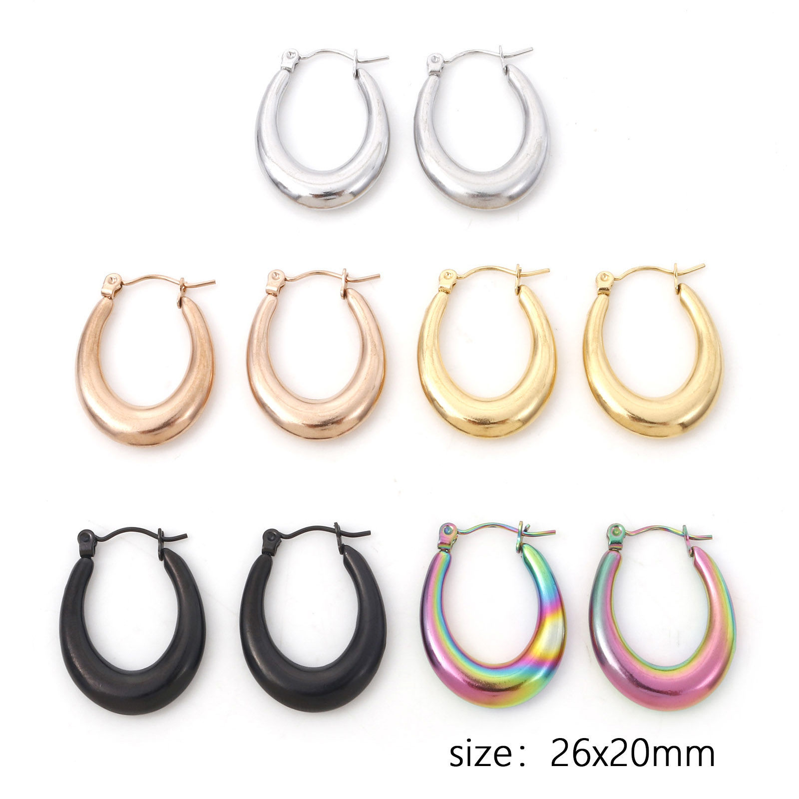 316ステンレス鋼 おしゃれ フープピアス 多色 U字形 26mm x 20mm、 ワイヤーサイズ: （21号）、 1 ペア の画像