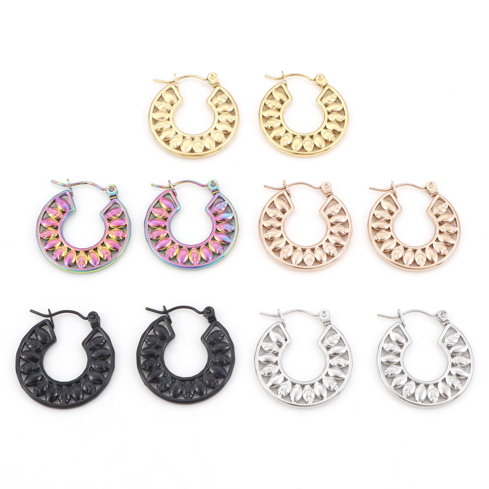 Picture of 316 Stainless Steel Hoop Earrings Circle Ring Flower Leaves 23mm x 22mm