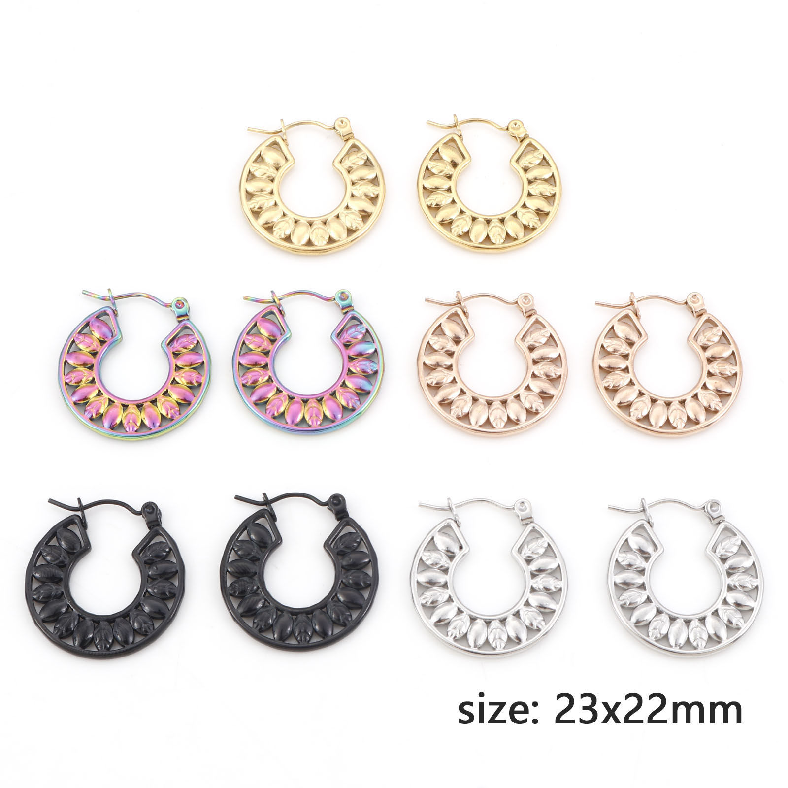 Picture of 316 Stainless Steel Hoop Earrings Circle Ring Flower Leaves 23mm x 22mm
