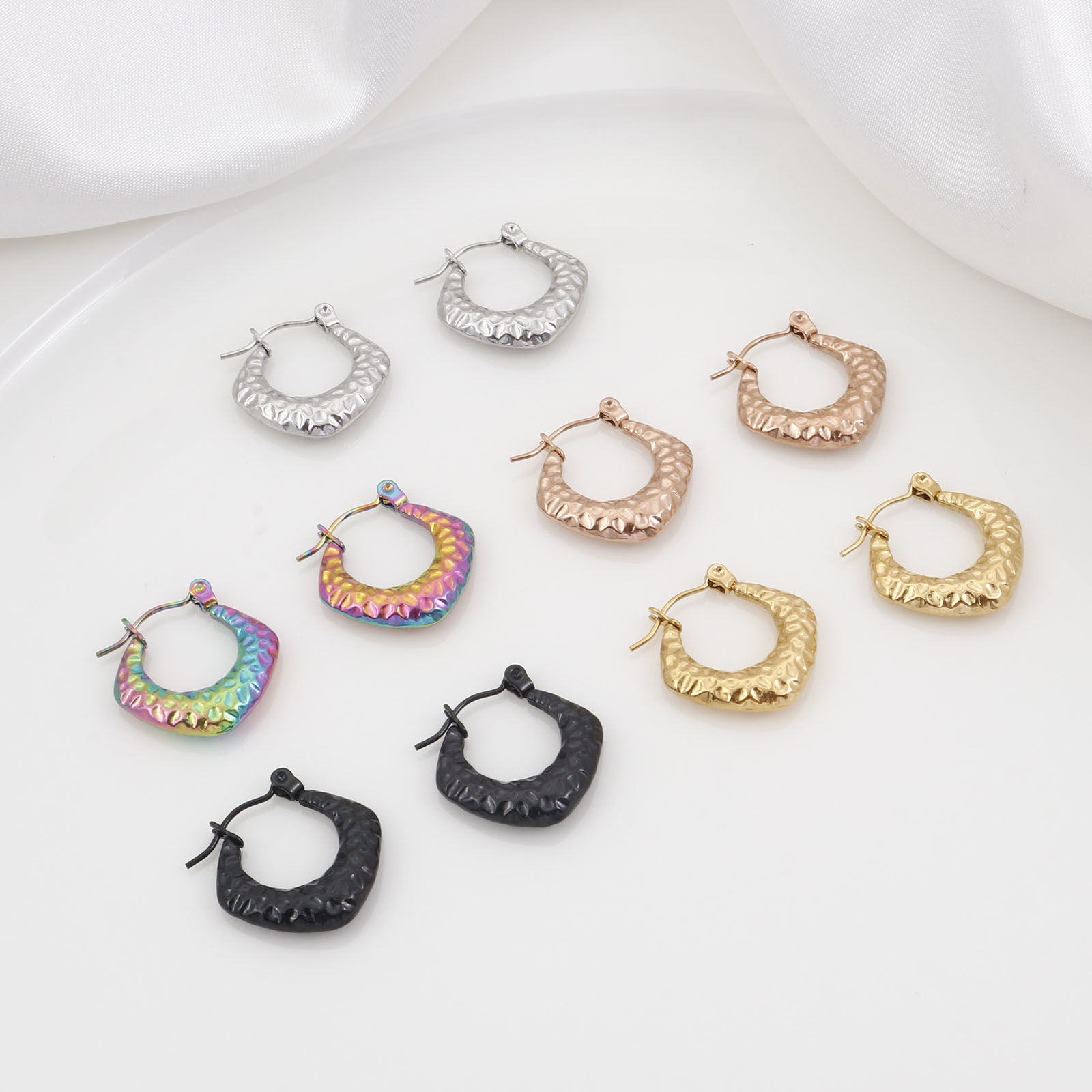 Изображение 316 Нержавеющая сталь Хооп серьги Ромб чеканка 20мм x 19мм , Сообщение / провод: (21 калибров) , 1 Пара