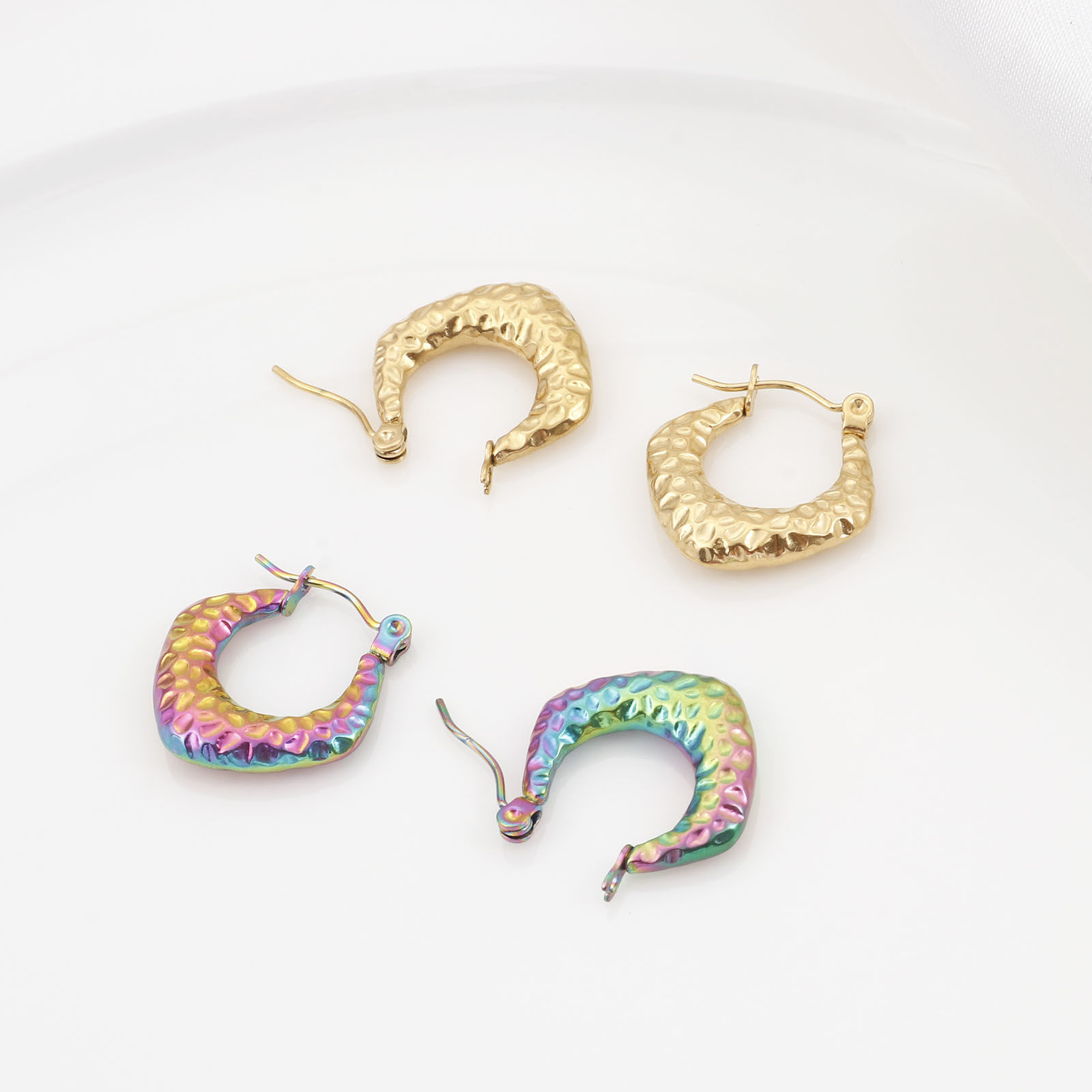 Изображение 316 Нержавеющая сталь Хооп серьги Ромб чеканка 20мм x 19мм , Сообщение / провод: (21 калибров) , 1 Пара