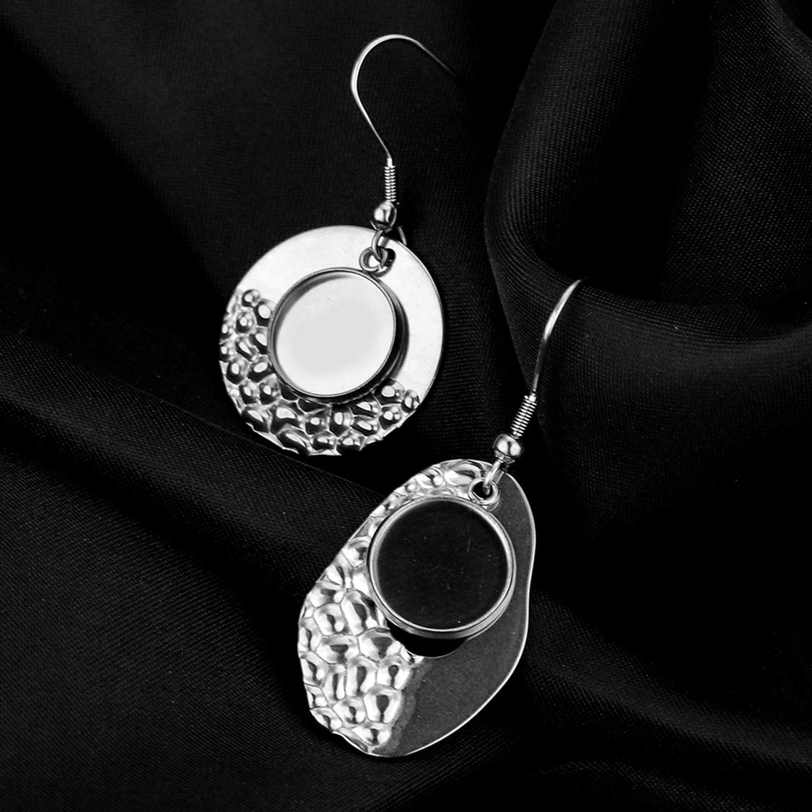 Picture of 304 Stainless Steel Splicing Earring Accessories Geometric Silver Tone Texture Cabochon Settings (Fits 12mm Dia.) 30mm x 20mm