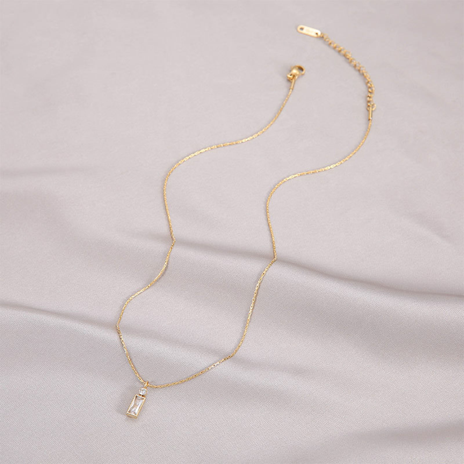 Picture of Eco-friendly Simple & Casual Stylish 14K Real Gold Plated 304 Stainless Steel & Cubic Zirconia Curb Link Chain Rectangle Pendant Necklace For Women