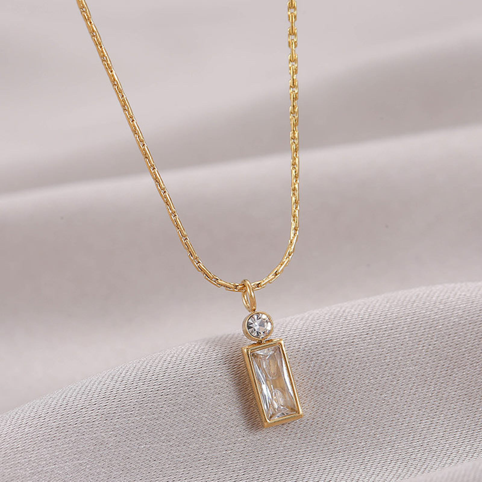 Picture of Eco-friendly Simple & Casual Stylish 14K Real Gold Plated 304 Stainless Steel & Cubic Zirconia Curb Link Chain Rectangle Pendant Necklace For Women