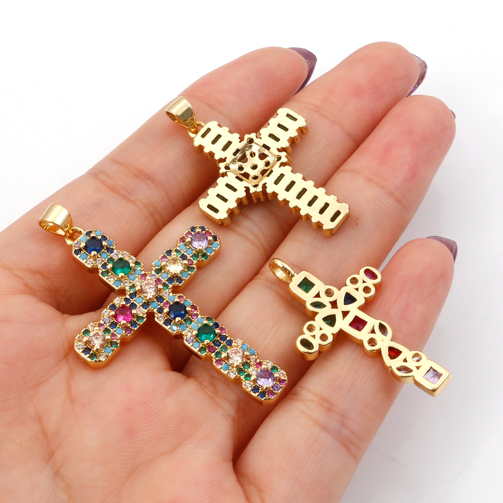 Bild von Messing Religiös Anhänger Vergoldet Kreuz Micro Pave Bunt Kubischer Zirkon 1 Stück