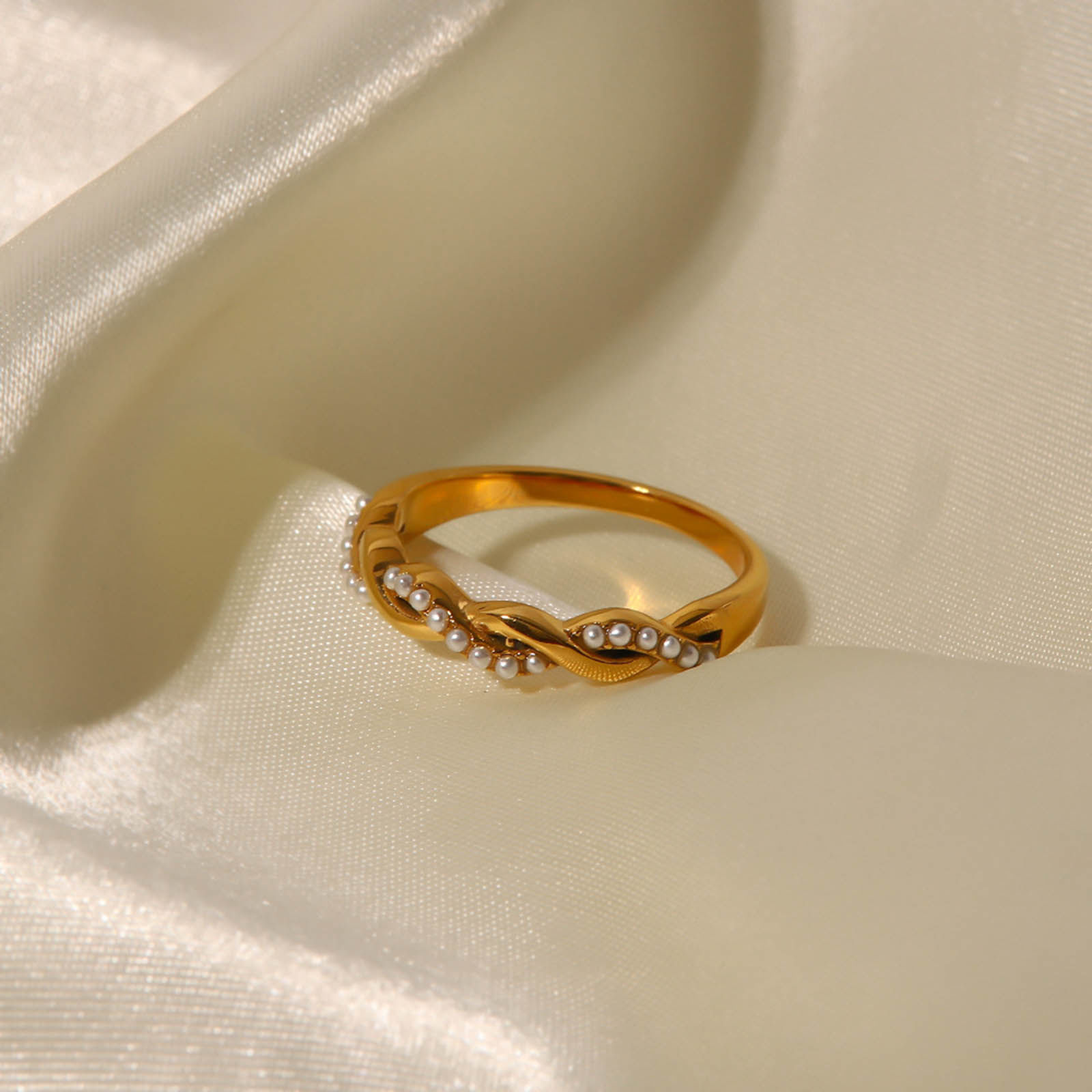 Bild von Umweltfreundlich Elegant Stilvoll 18K Echtgold plattiert 304 Edelstahl & Naturperle Uneinstellbar Geflochten Ring Für Frauen 1 Stück