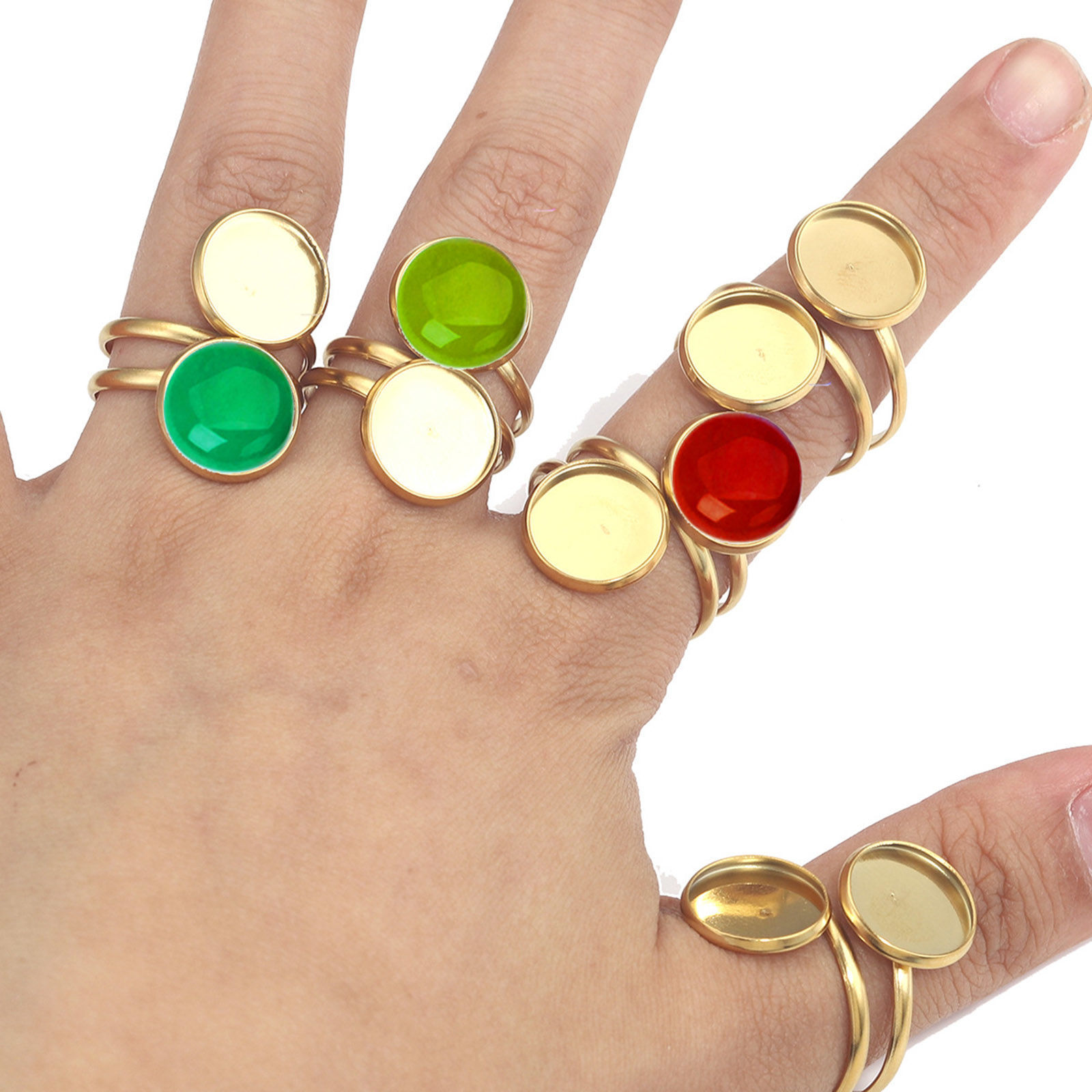 Picture of 304 Stainless Steel Open Adjustable Rings Multicolor Round Cabochon Settings (Fits 12mm Dia.) 18mm(US Size 7.75)
