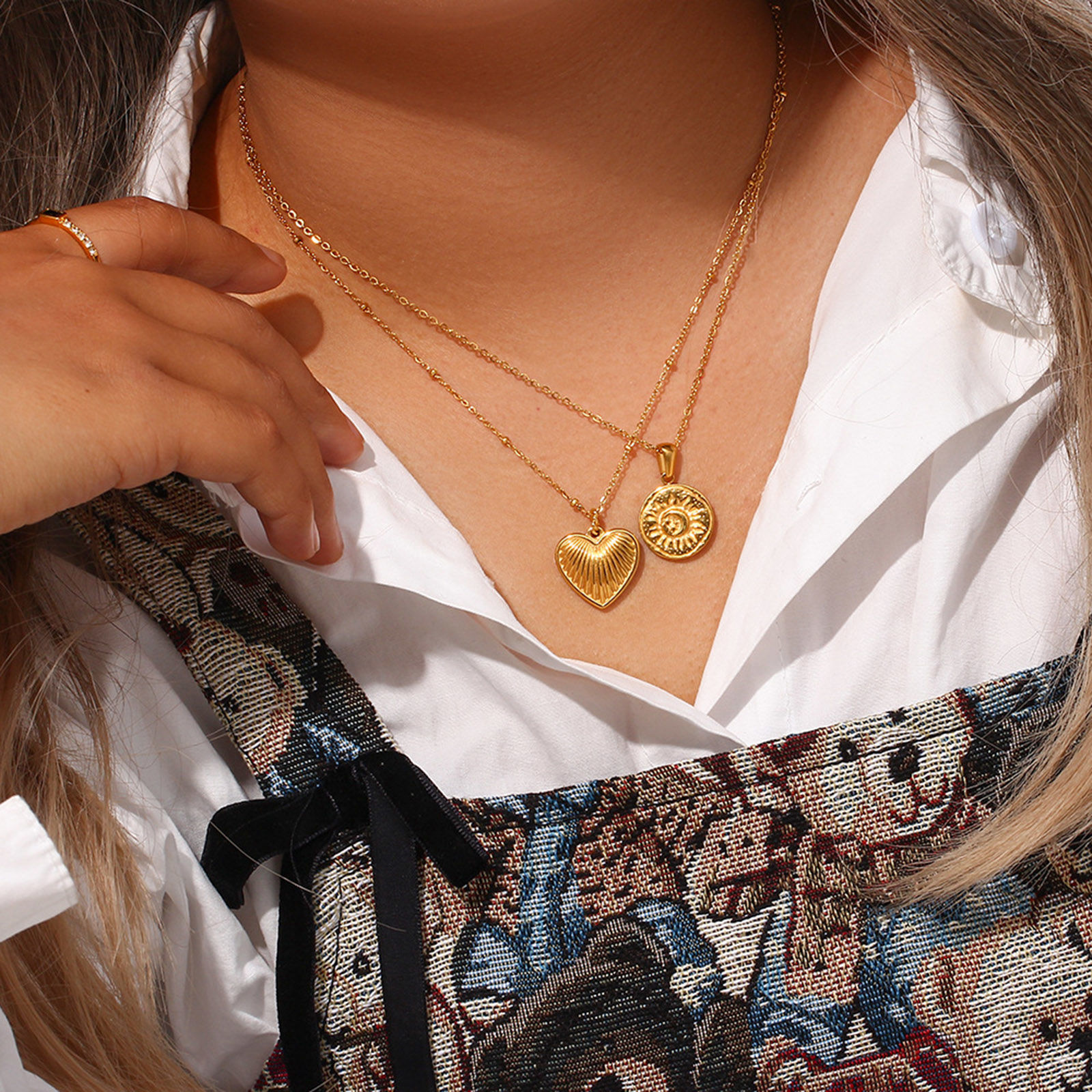 Imagen de 304 Acero Inoxidable Estilo Ins Collares Chapado en Oro Corazón Sol 40cm longitud, 1 Unidad