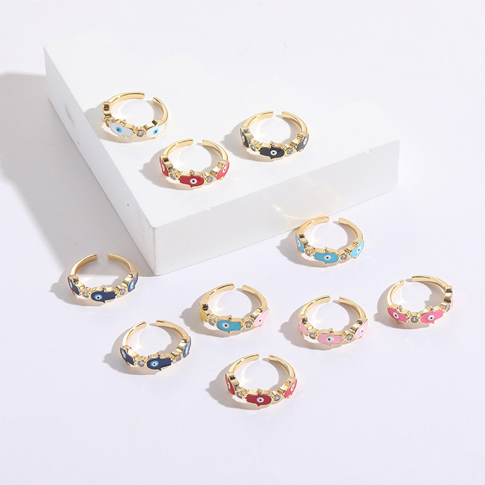 Imagen de Respetuoso del Medio Ambiente Retro Elegante 14K Oro Real Chapado Multicolor Cobre+ Circón Artificial Abierto Palma Mal de ojo Esmalte Anillos Para Mujeres 1 Unidad