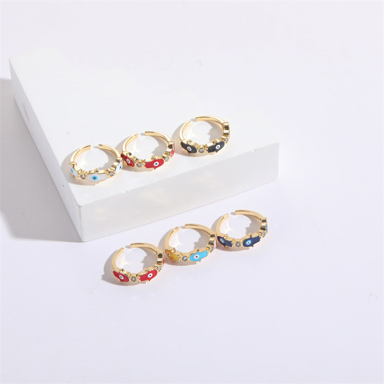 Imagen de Respetuoso del Medio Ambiente Retro Elegante 14K Oro Real Chapado Multicolor Cobre+ Circón Artificial Abierto Palma Mal de ojo Esmalte Anillos Para Mujeres 1 Unidad