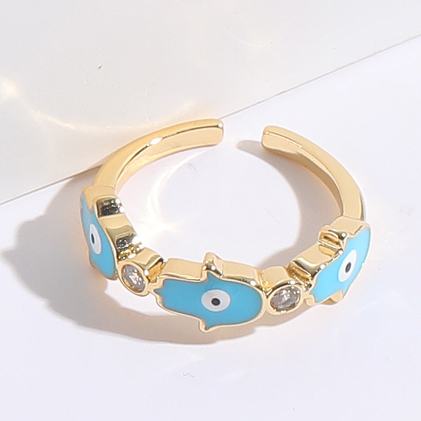 Imagen de Respetuoso del Medio Ambiente Retro Elegante 14K Oro Real Chapado Multicolor Cobre+ Circón Artificial Abierto Palma Mal de ojo Esmalte Anillos Para Mujeres 1 Unidad