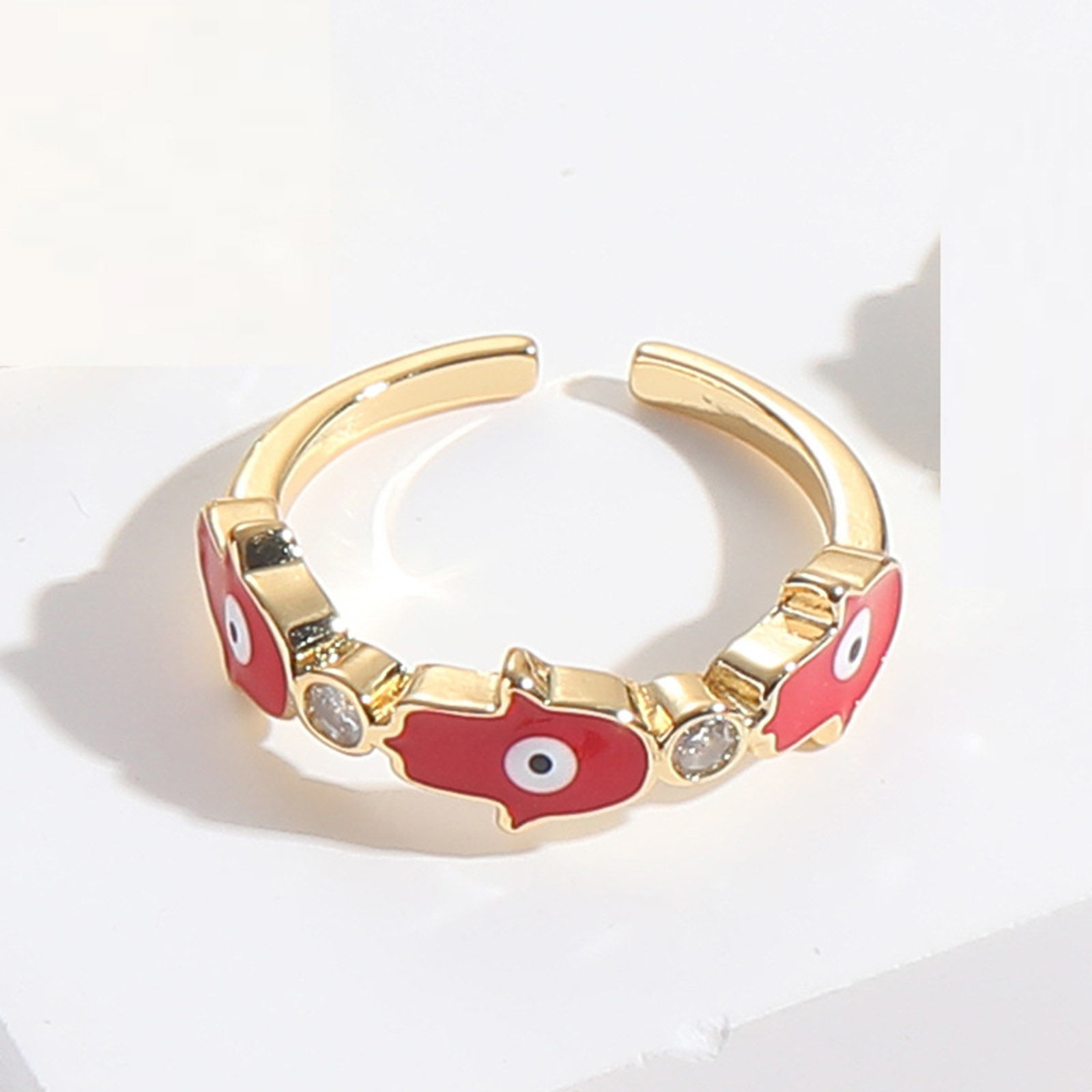 Imagen de Respetuoso del Medio Ambiente Retro Elegante 14K Oro Real Chapado Multicolor Cobre+ Circón Artificial Abierto Palma Mal de ojo Esmalte Anillos Para Mujeres 1 Unidad