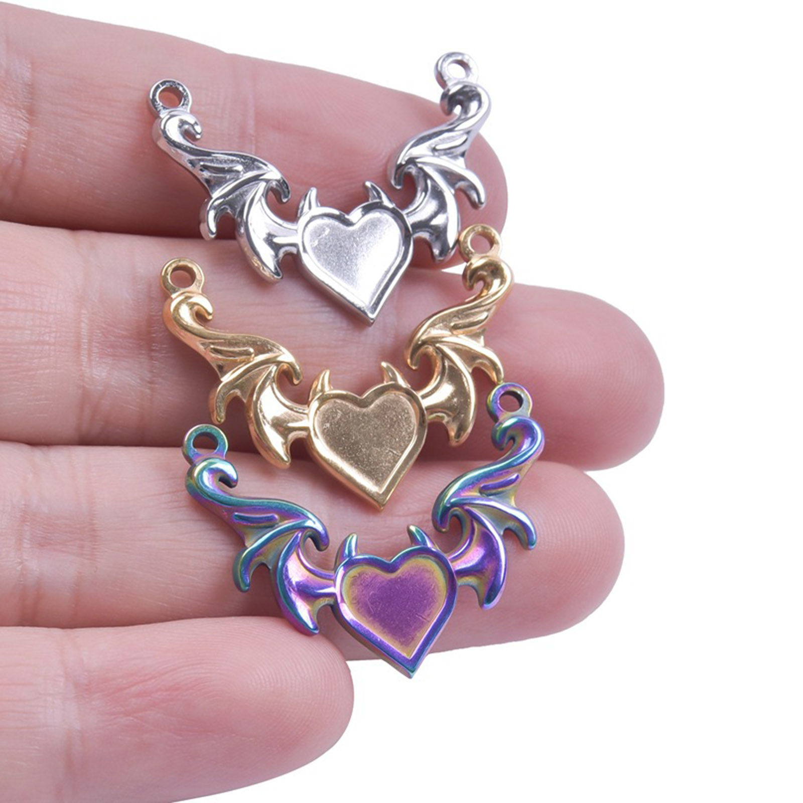 Picture of 304 Stainless Steel Charms Multicolor Wing Heart 23mm x 30mm