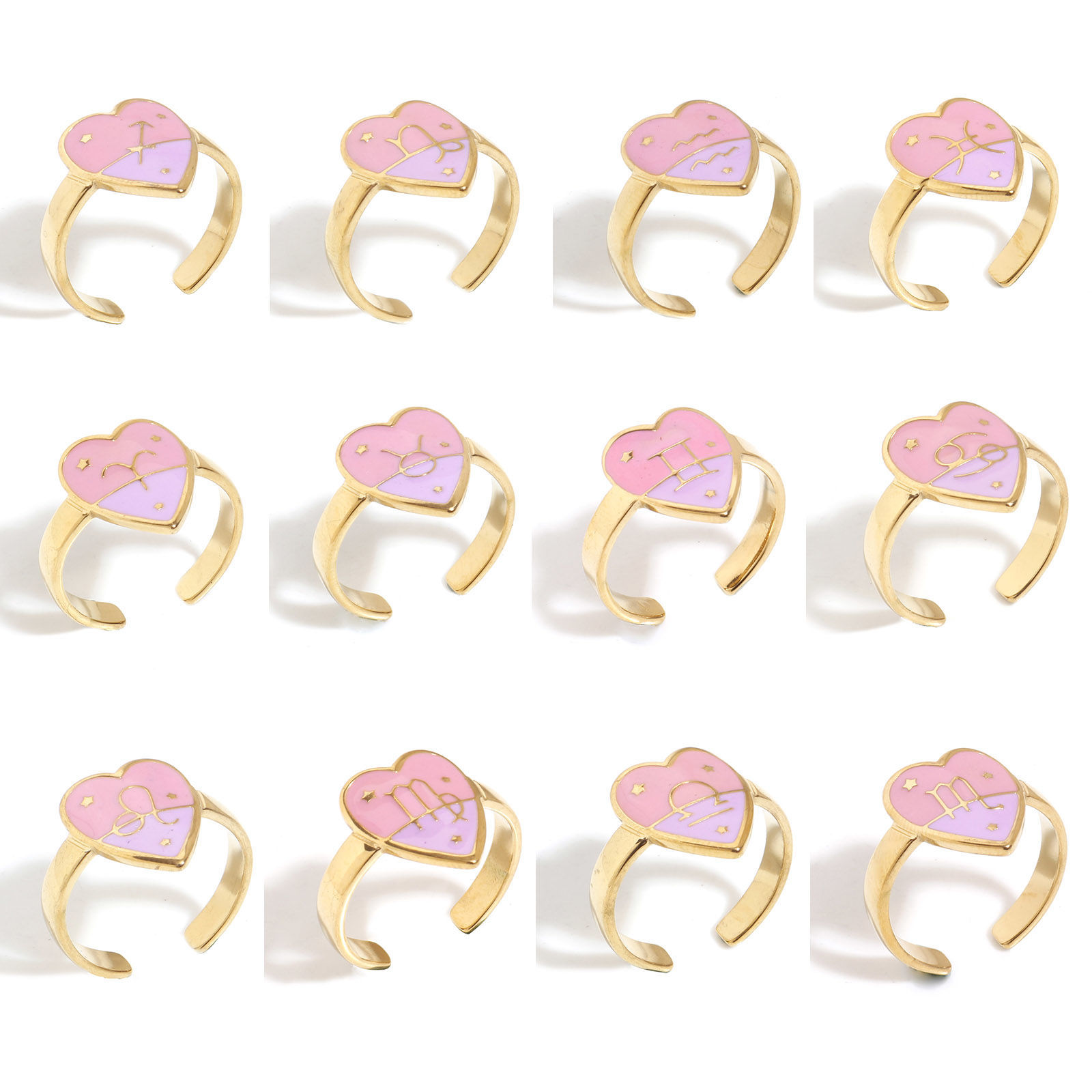 Image de Bagues Ouvert en 304 Acier Inoxydable La Saint Valentin Doré Rose & Violet Cœur Constellation Émail 17.3mm (Taille d'US: 7) , 1 Pièce