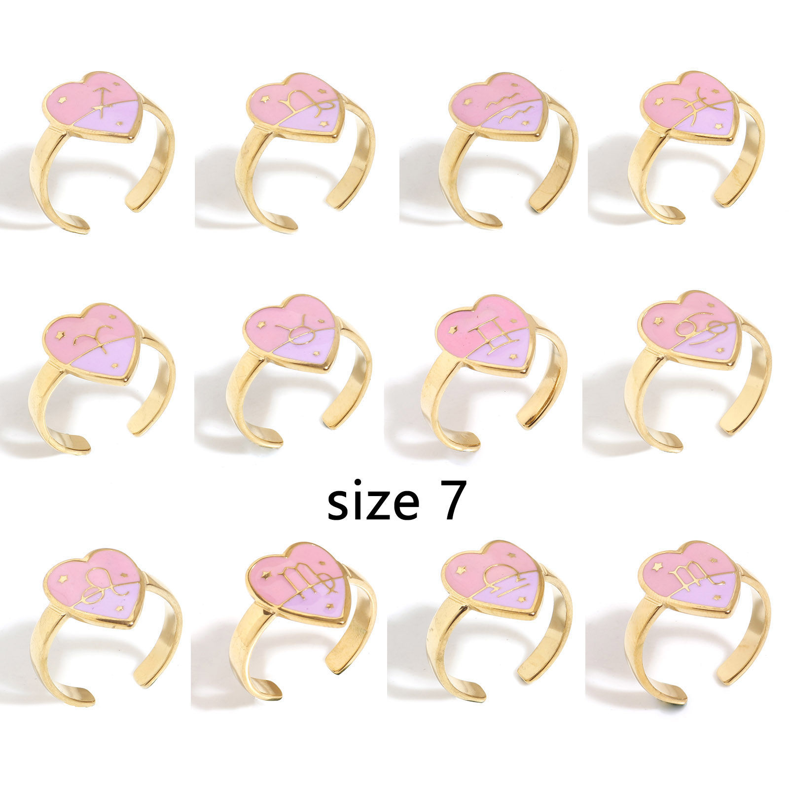 Image de Bagues Ouvert en 304 Acier Inoxydable La Saint Valentin Doré Rose & Violet Cœur Constellation Émail 17.3mm (Taille d'US: 7) , 1 Pièce