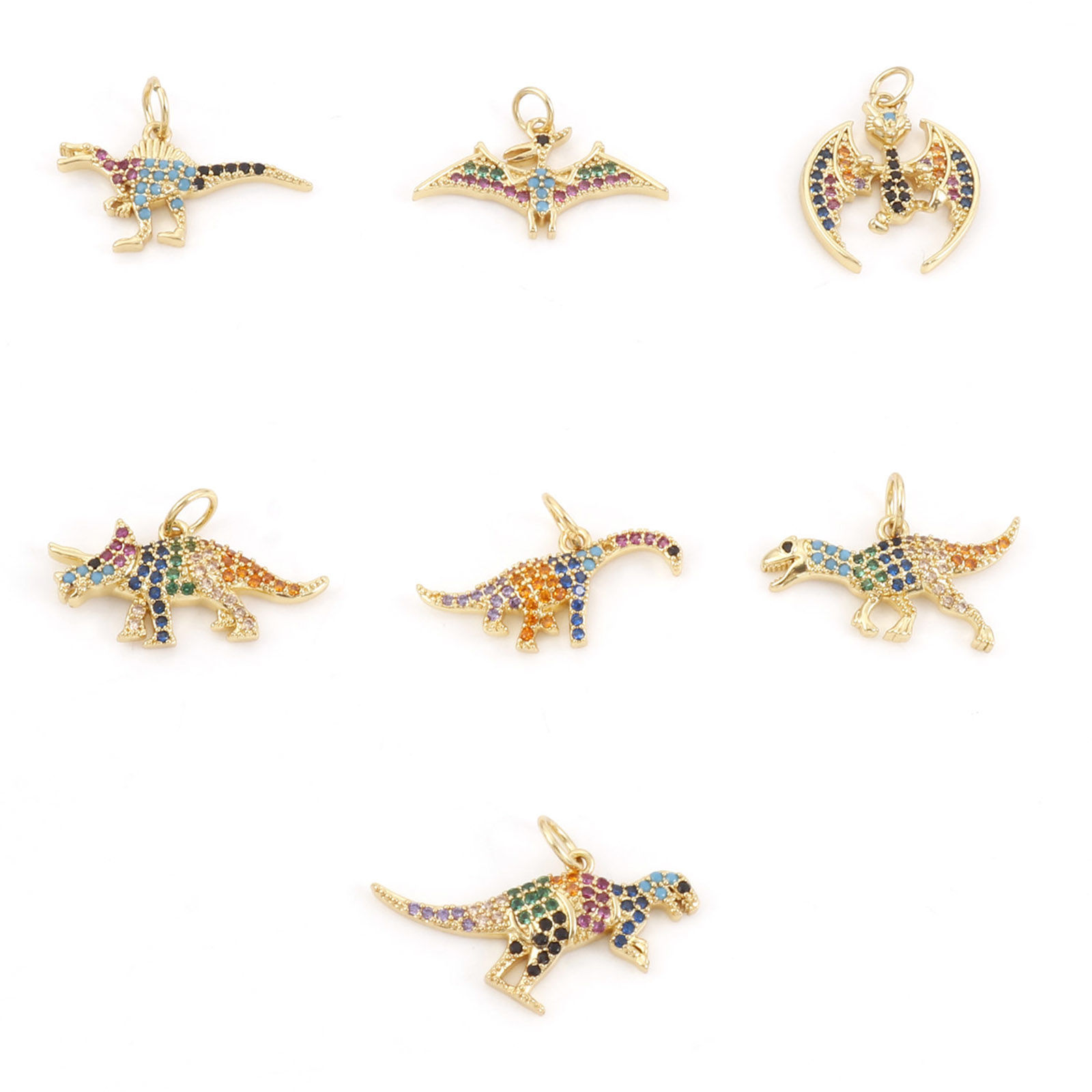 Image de Breloques en Laiton Doré Dinosaures Micro Pave à Strass Coloré 1 Pièce