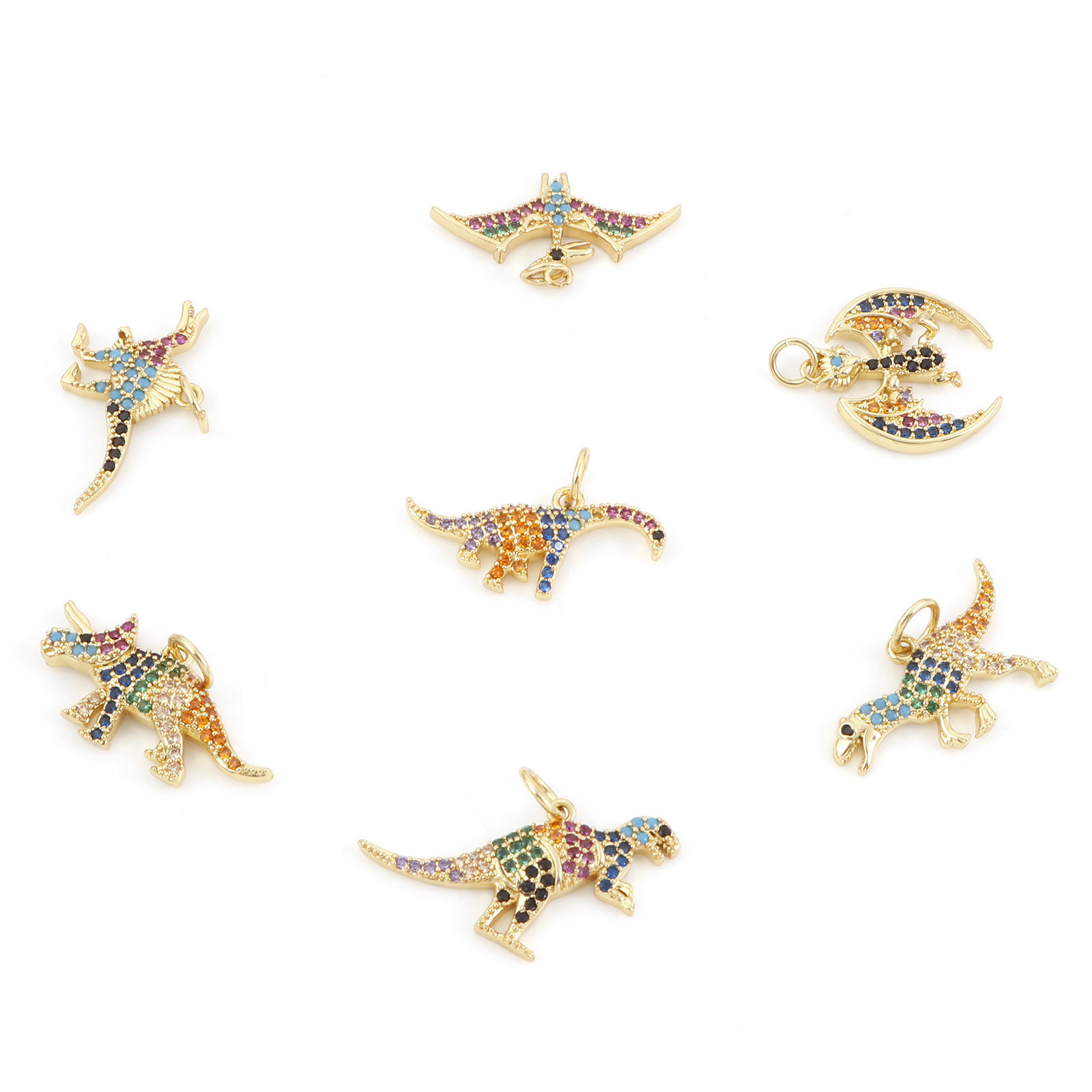 Image de Breloques en Laiton Doré Dinosaures Micro Pave à Strass Coloré 1 Pièce
