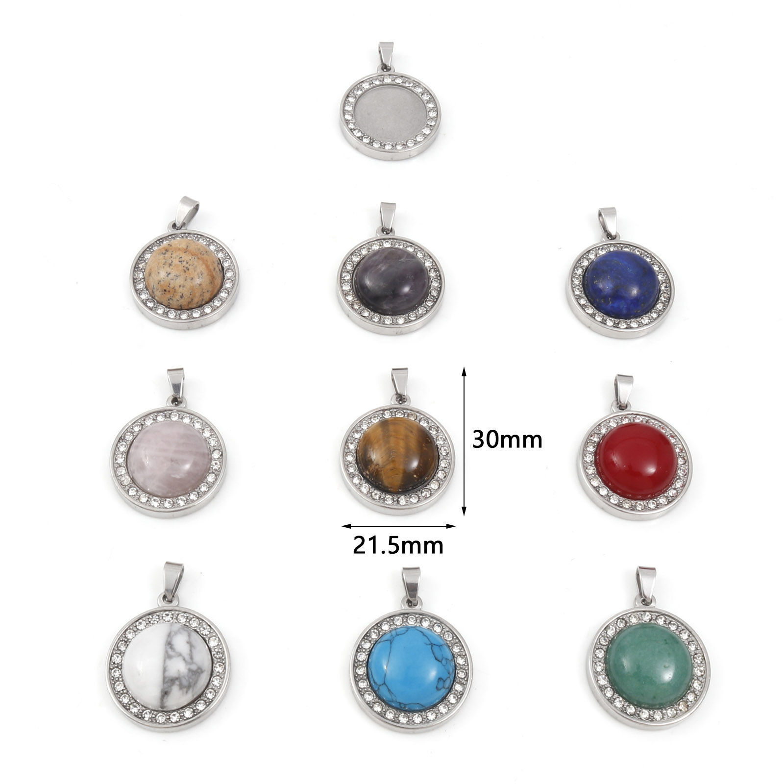 天然石 チャーム 円形 シルバートーン 透明 ラインストーン 30mm x 21.5mm、 1 個 の画像