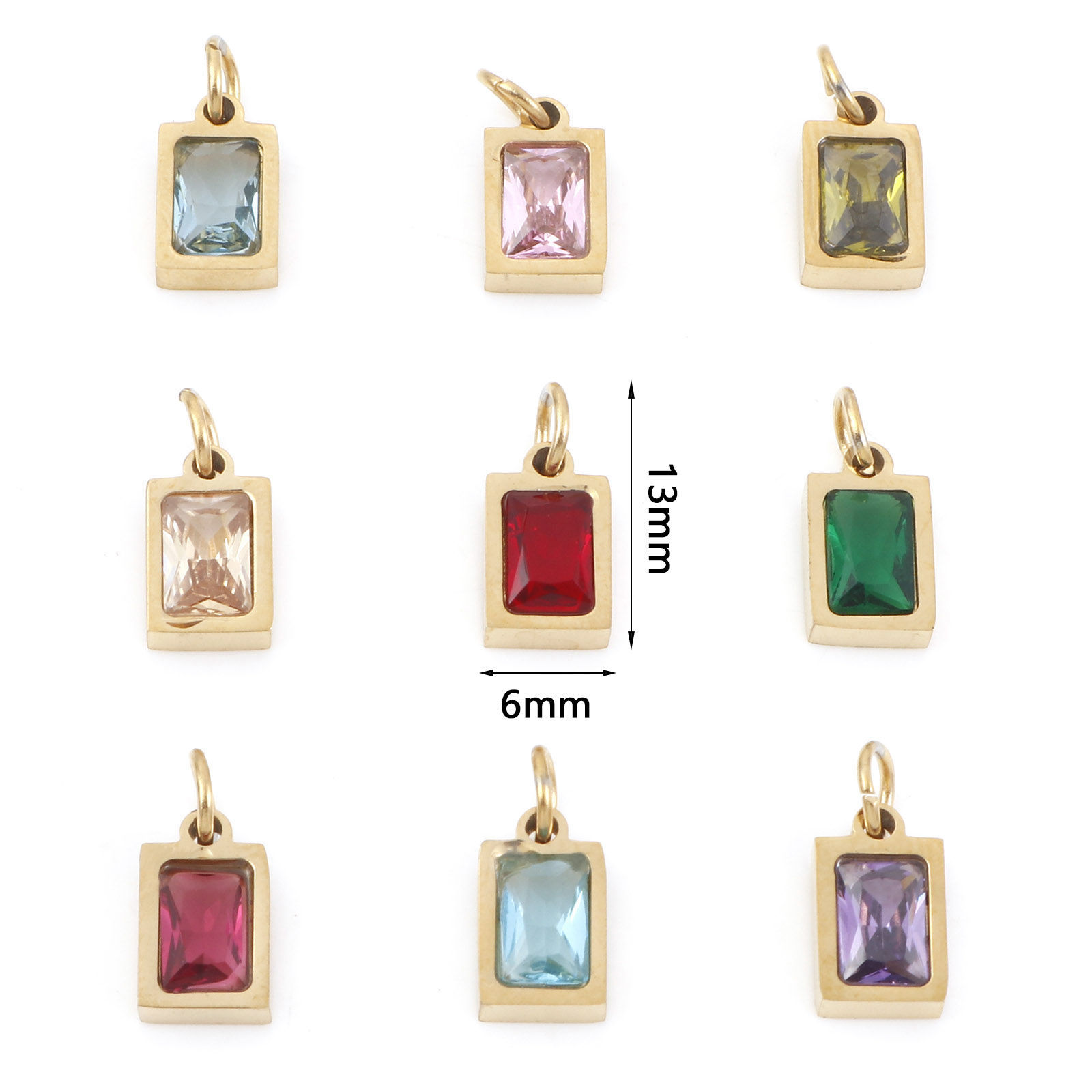 Picture of 304 Stainless Steel Charms Gold Plated Rectangle Multicolour Cubic Zirconia 13mm x 6mm