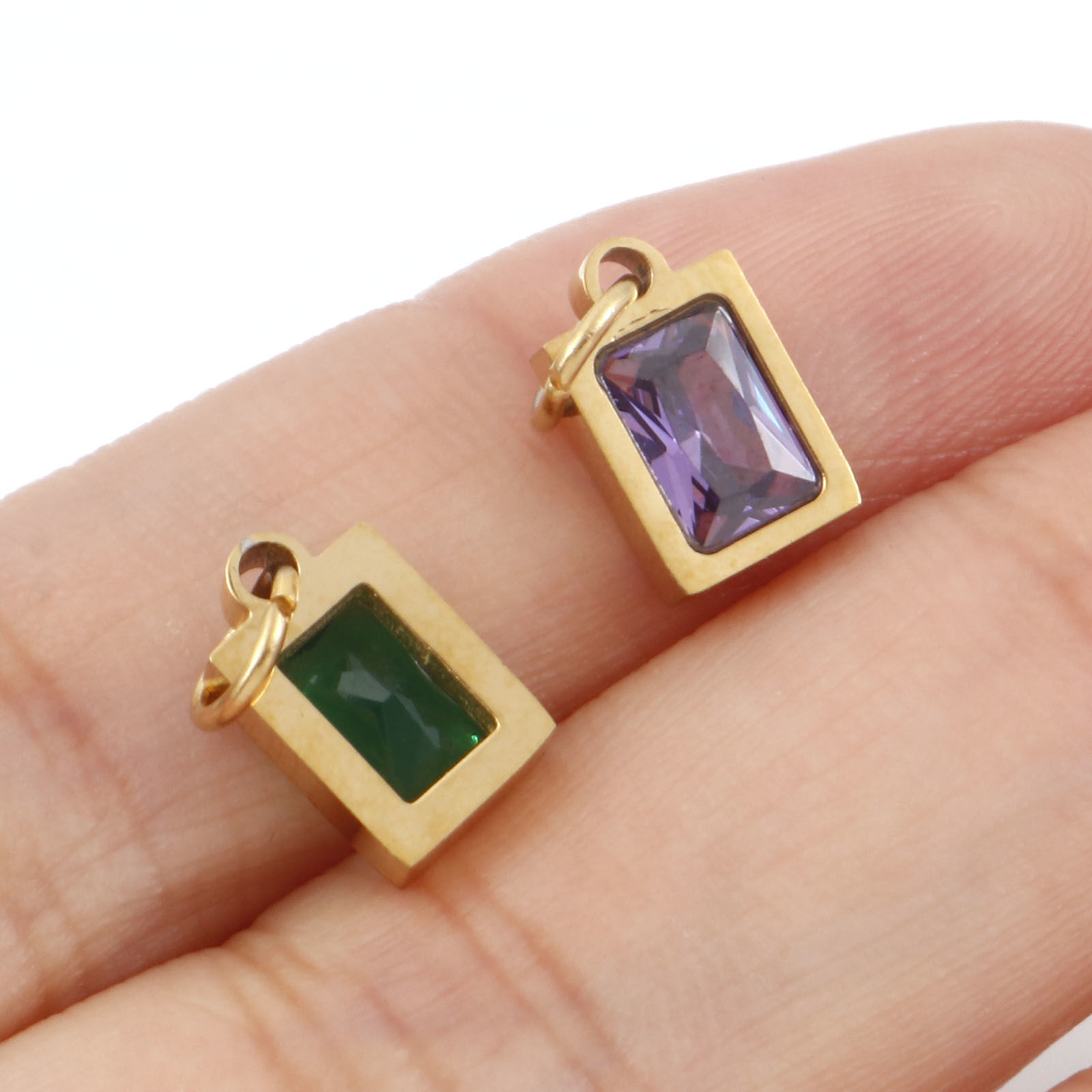 Picture of 304 Stainless Steel Charms Gold Plated Rectangle Multicolour Cubic Zirconia 13mm x 6mm