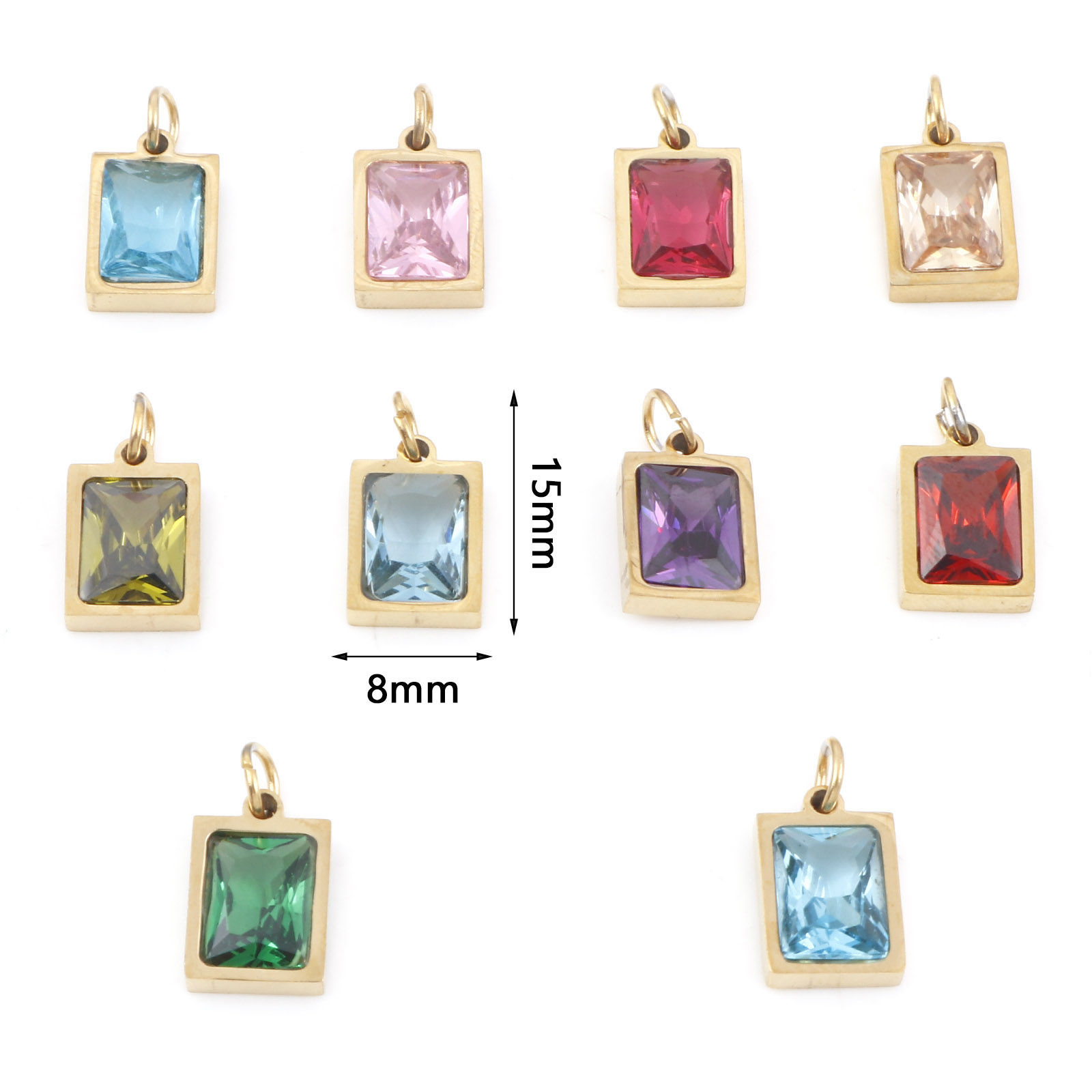 Picture of 304 Stainless Steel Charms Gold Plated Rectangle Multicolour Cubic Zirconia 15mm x 8mm