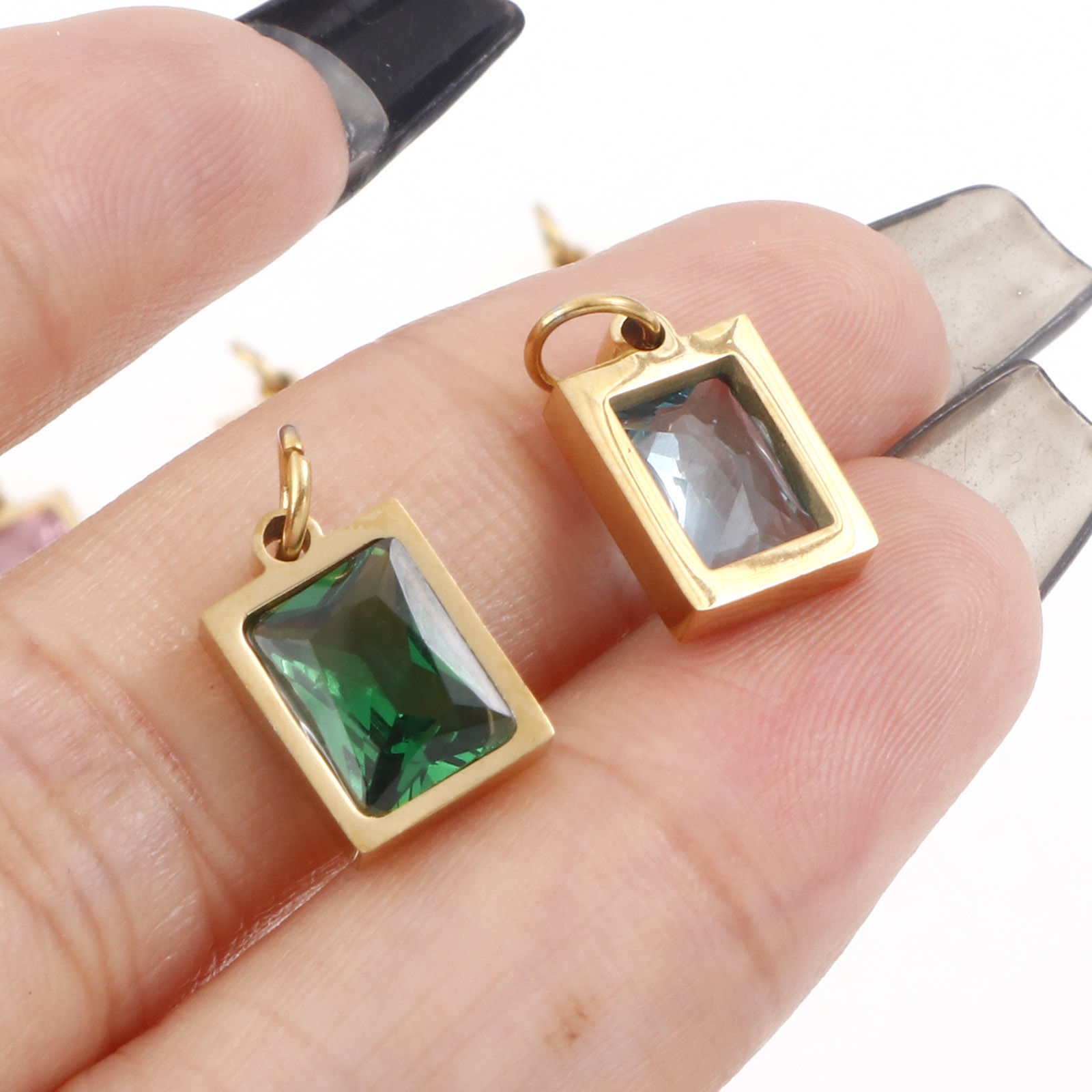 Picture of 304 Stainless Steel Charms Gold Plated Rectangle Multicolour Cubic Zirconia 15mm x 8mm