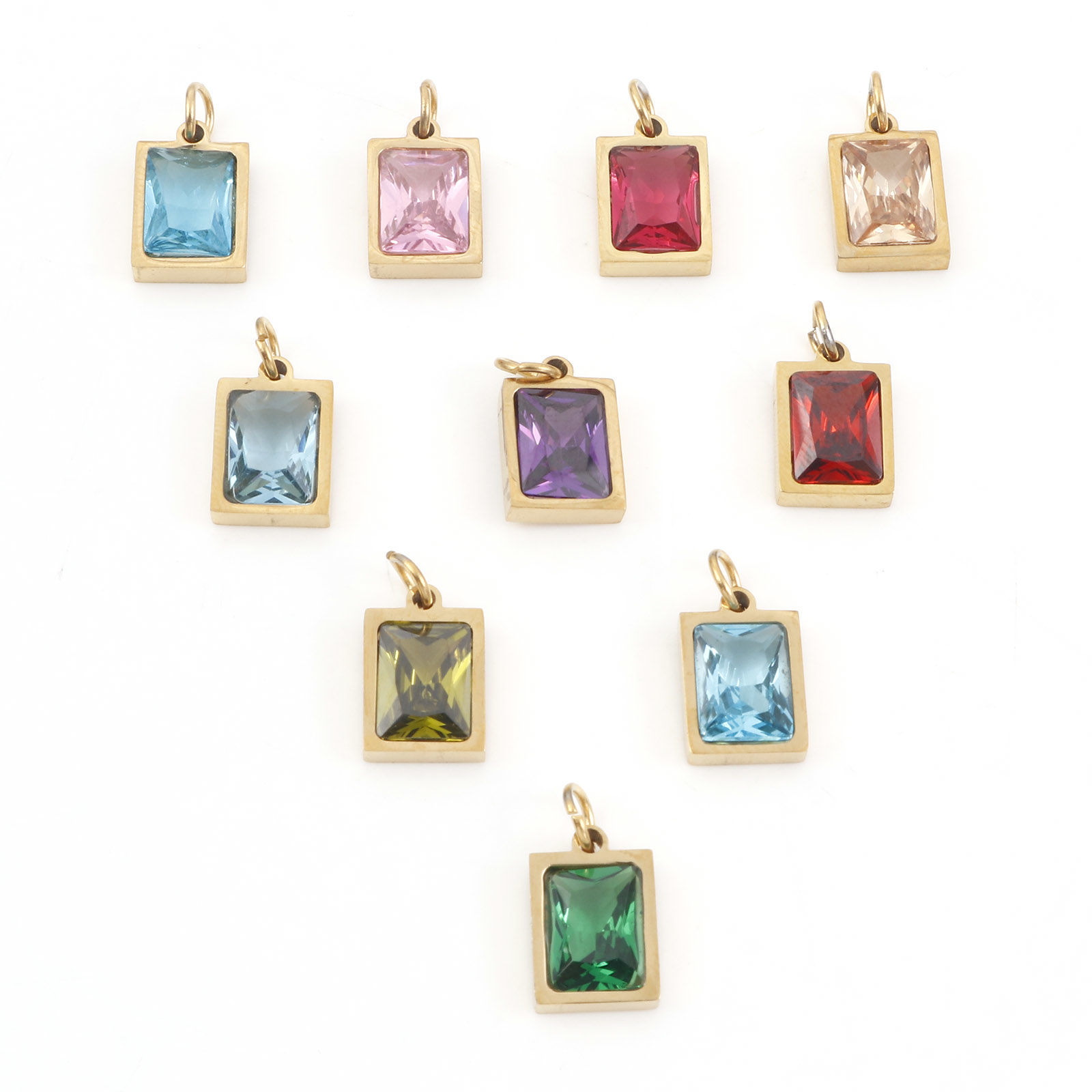 Picture of 304 Stainless Steel Charms Gold Plated Rectangle Multicolour Cubic Zirconia 15mm x 8mm