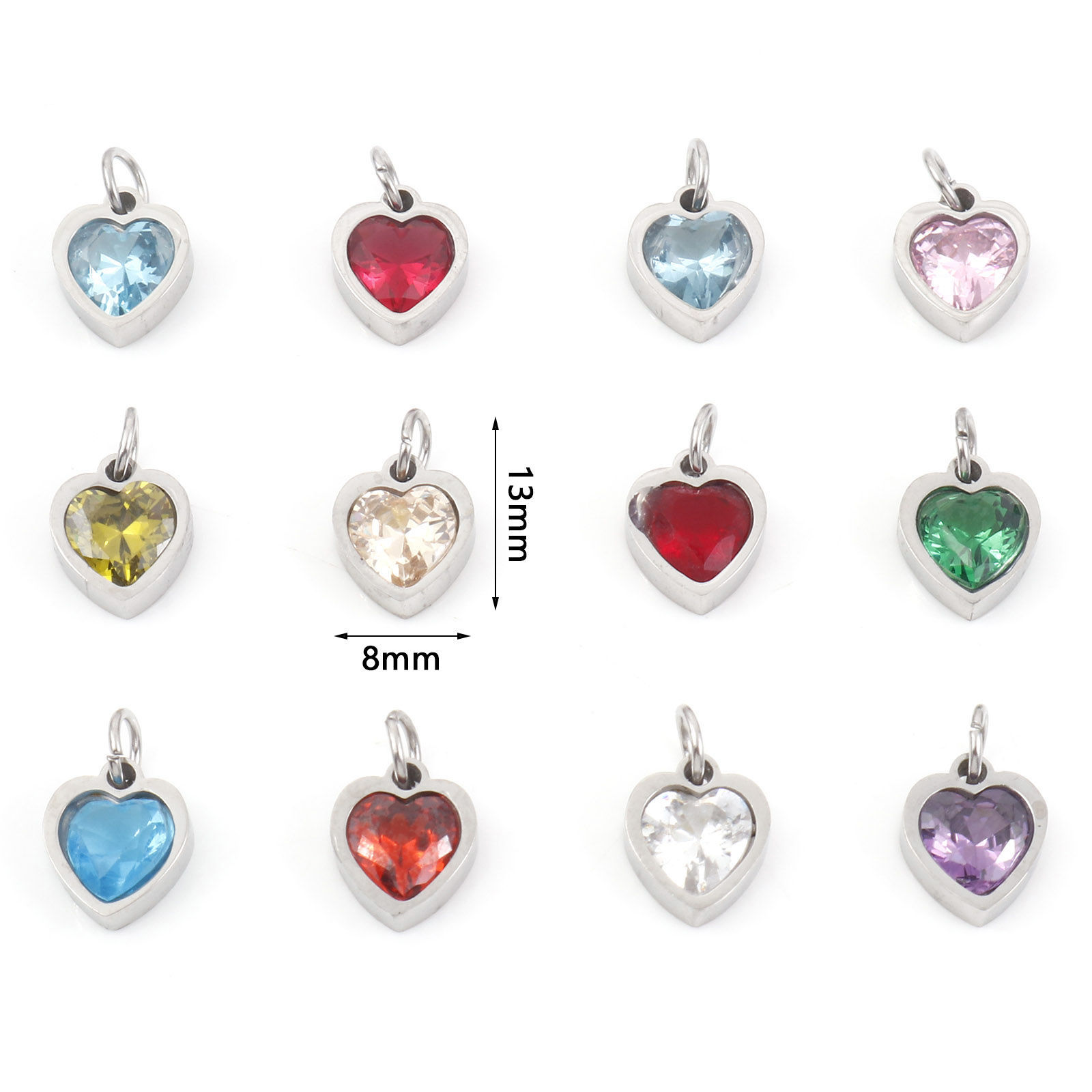 Bild von 304 Edelstahl Valentinstag Charms Herz Silberfarbe Bunt Zirkonia 13mm x 8mm, 1 Stück
