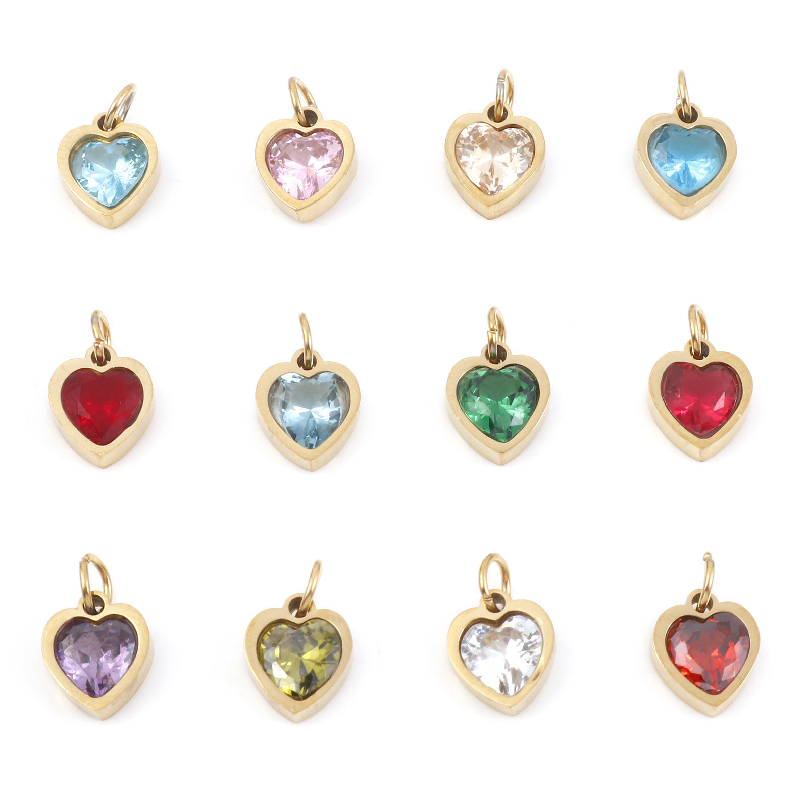 Immagine di 304 Acciaio Inossidabile San Valentino Charms Cuore Oro Placcato Multicolore Cubic Zirconiae 13mm x 8mm, 1 Pz