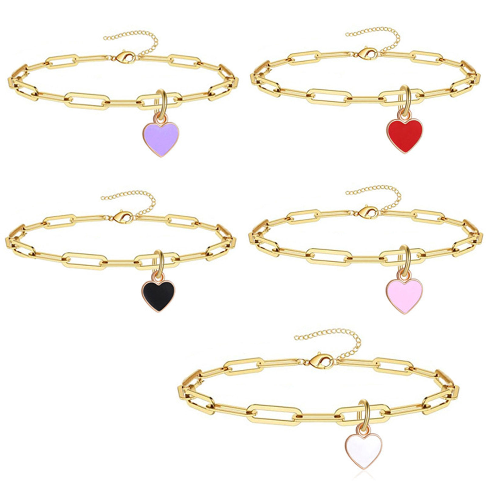 Immagine di 304 Acciaio Inossidabile San Valentino Catena Cavigliere Oro Placcato Multicolore Smalto Cuore 21cm lunghezza, 1 Pz
