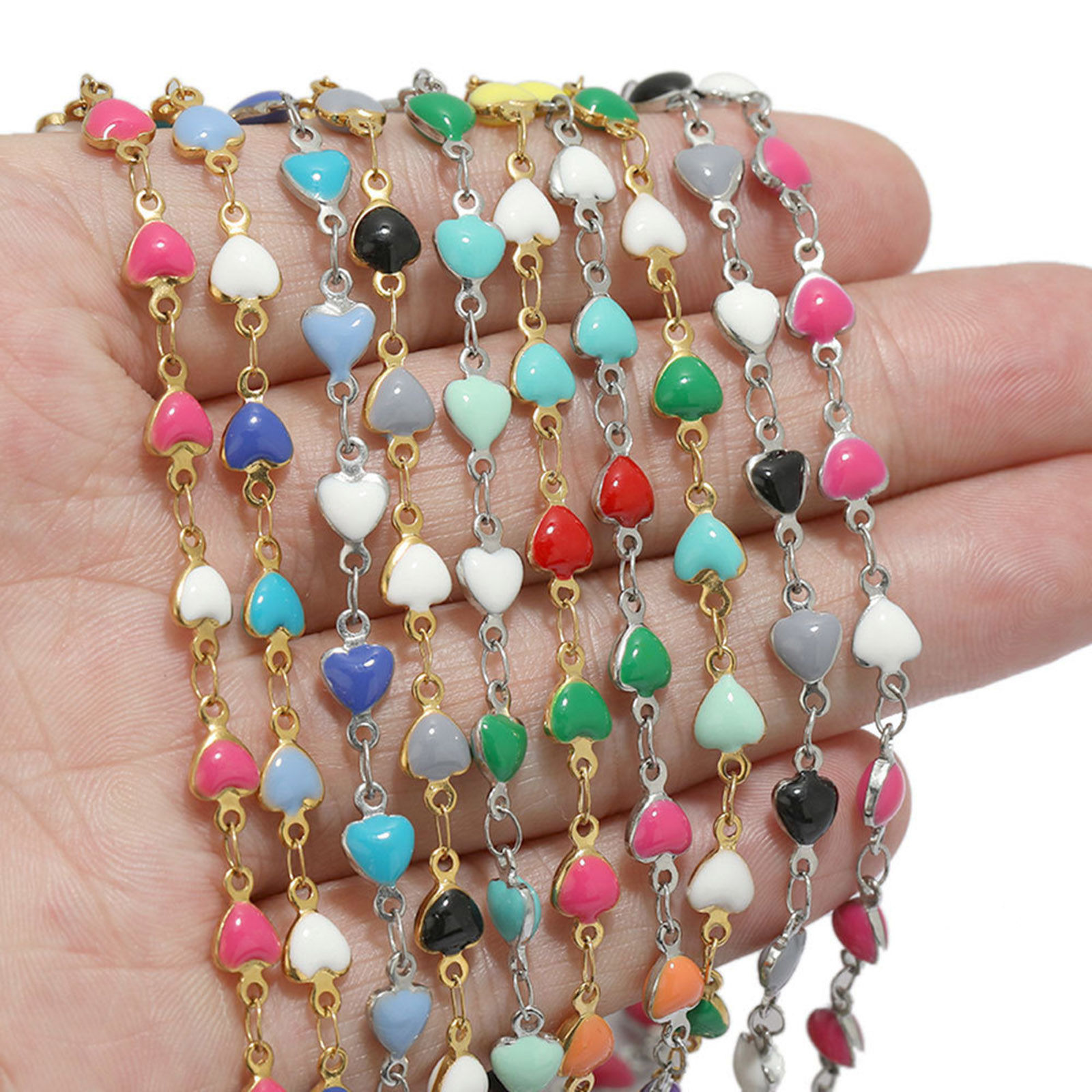 Picture of 304 Stainless Steel Link Chain Heart Gold Plated Multicolor Enamel 5mm