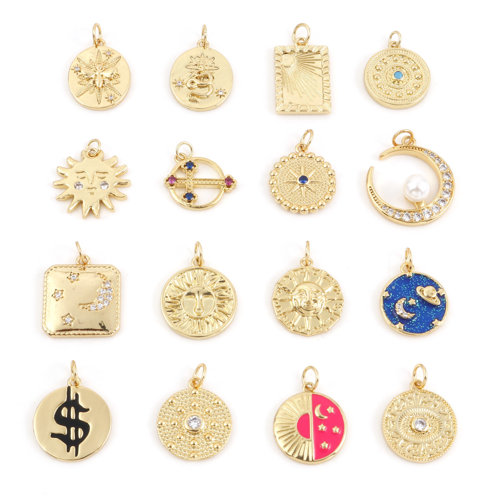 Picture of Brass Charms Gold Plated Sun Moon Enamel Clear Cubic Zirconia