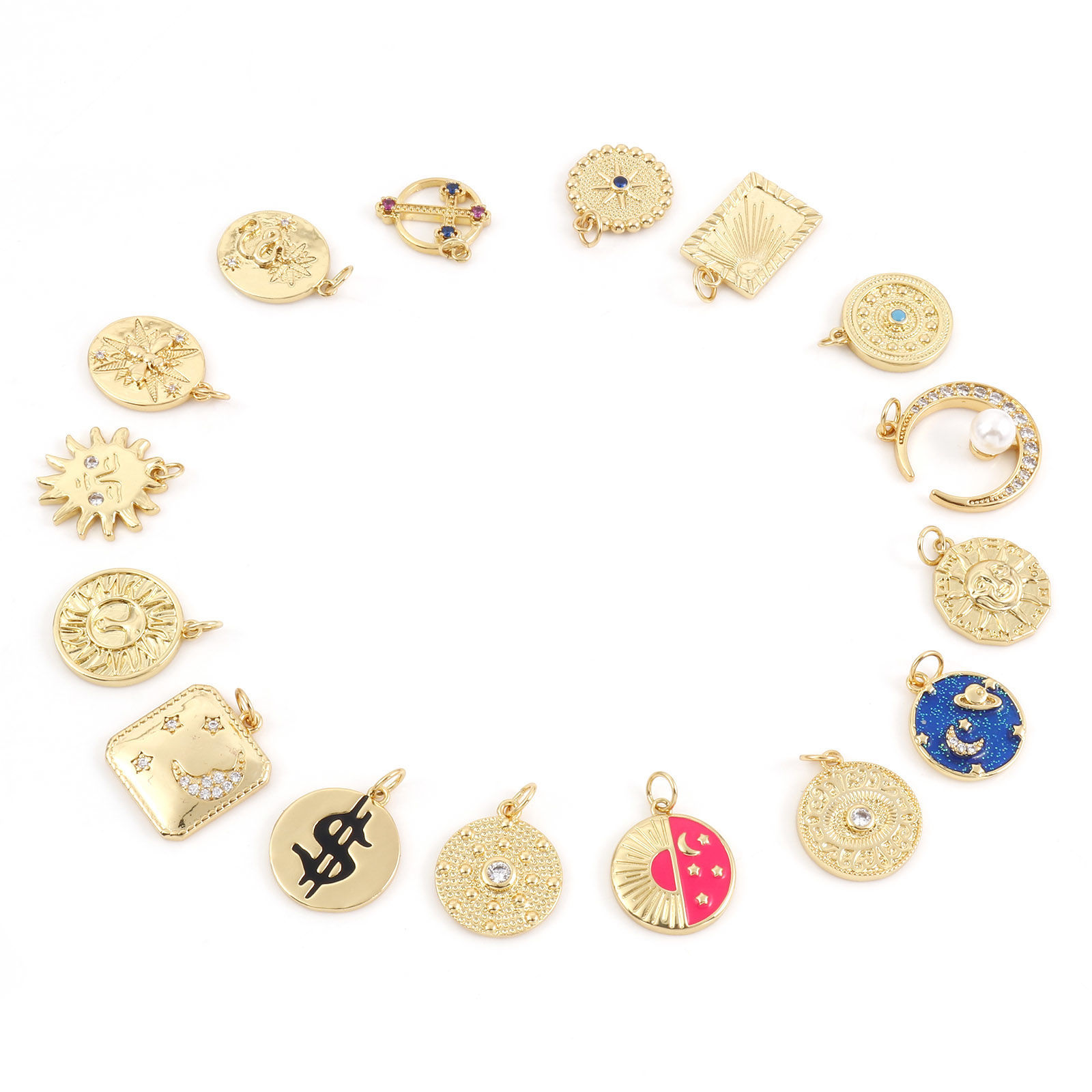 Picture of Brass Charms Gold Plated Sun Moon Enamel Clear Cubic Zirconia