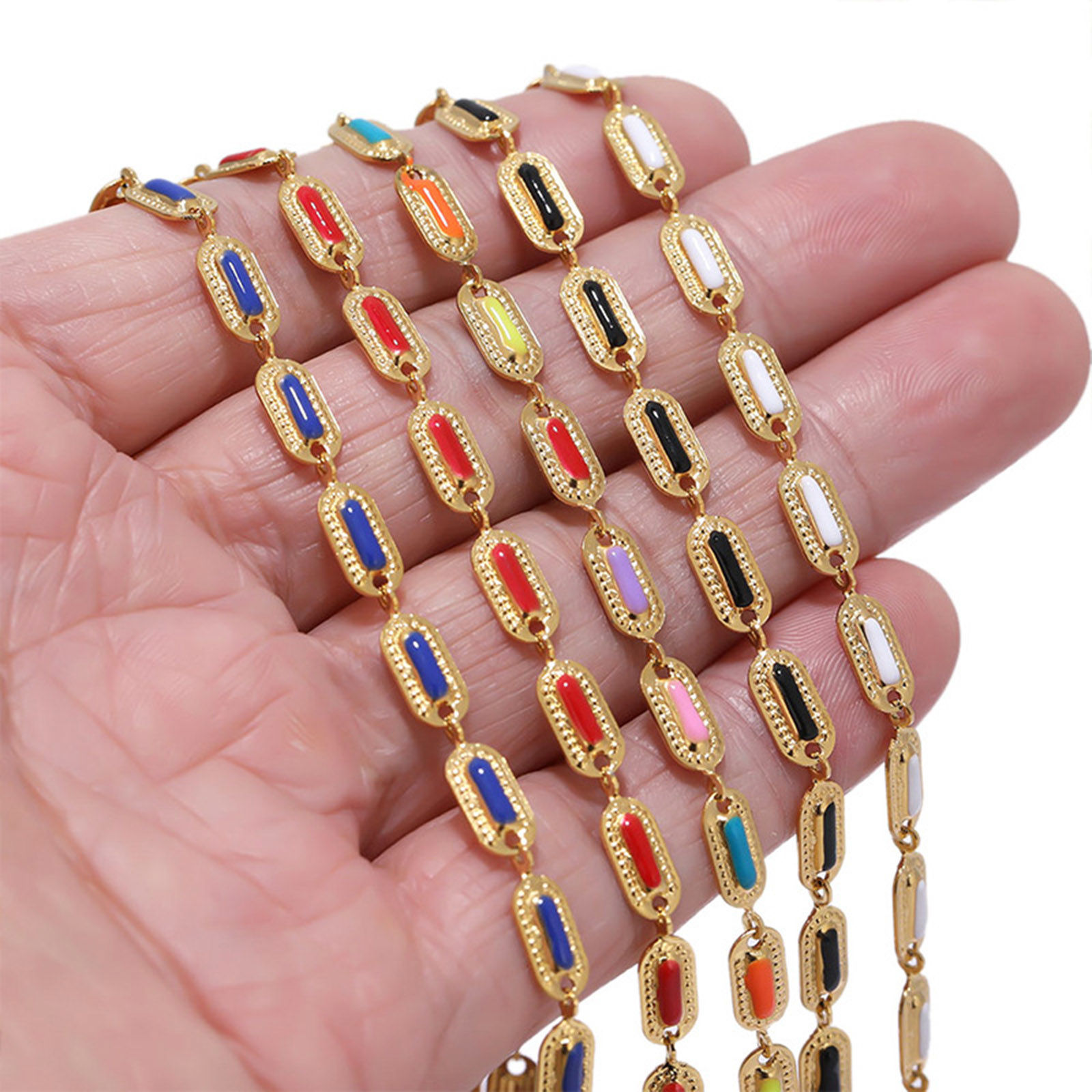 Picture of 304 Stainless Steel Handmade Link Chain Rectangle Gold Plated Multicolor Enamel 4.5mm