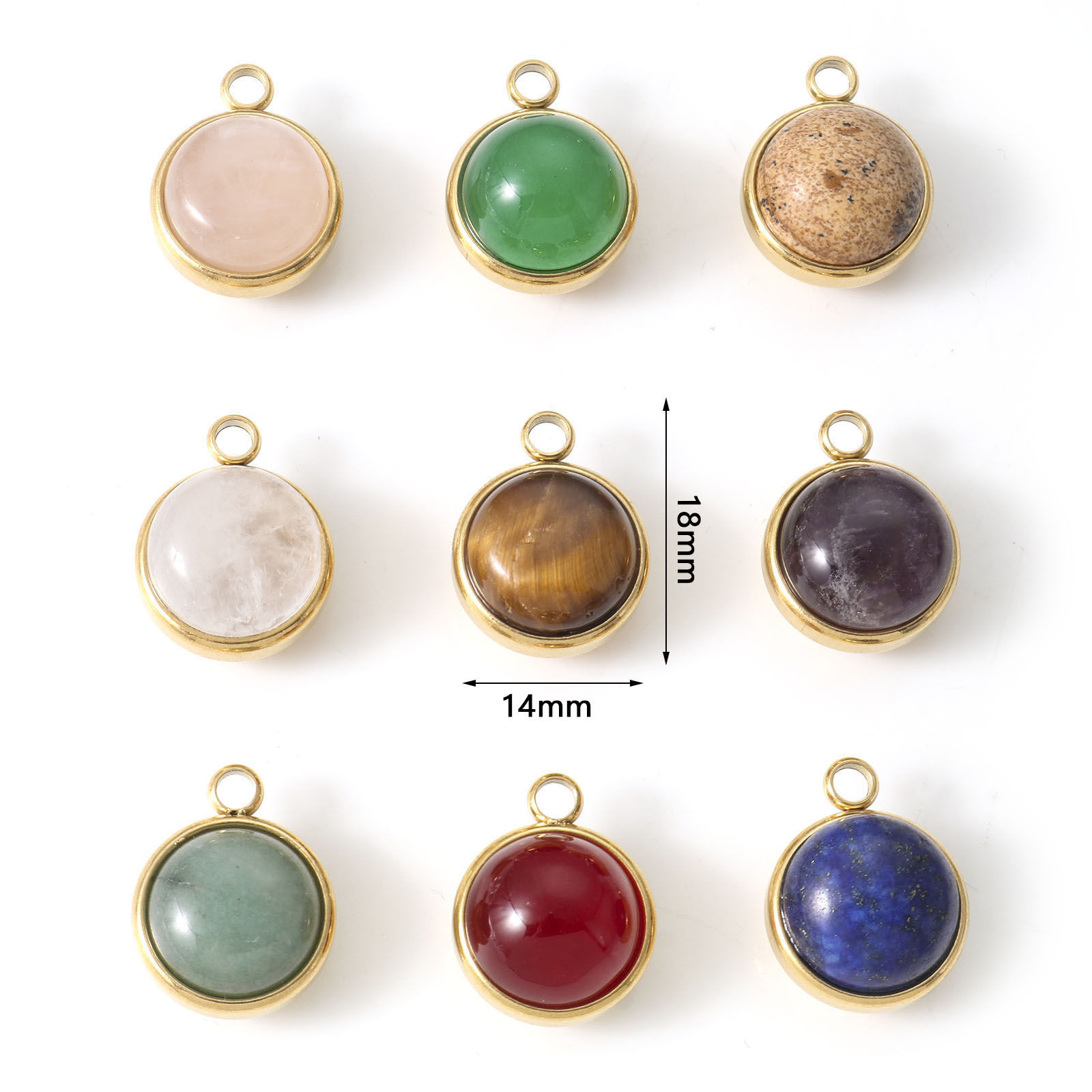 天然304ステンレス鋼 石 チャーム 円形 金メッキ 多色 18mm x 14mm、 1 個 の画像