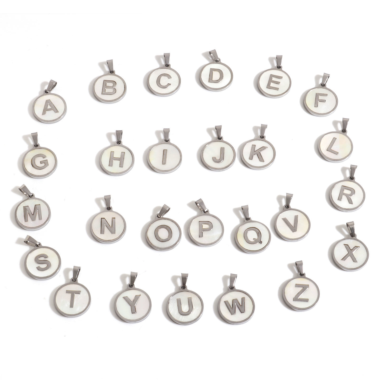Picture of 304 Stainless Steel & Natural Shell Charm Pendant Silver Tone White Round Initial Alphabet/ Capital Letter Message " A-Z " 24mm x 16mm