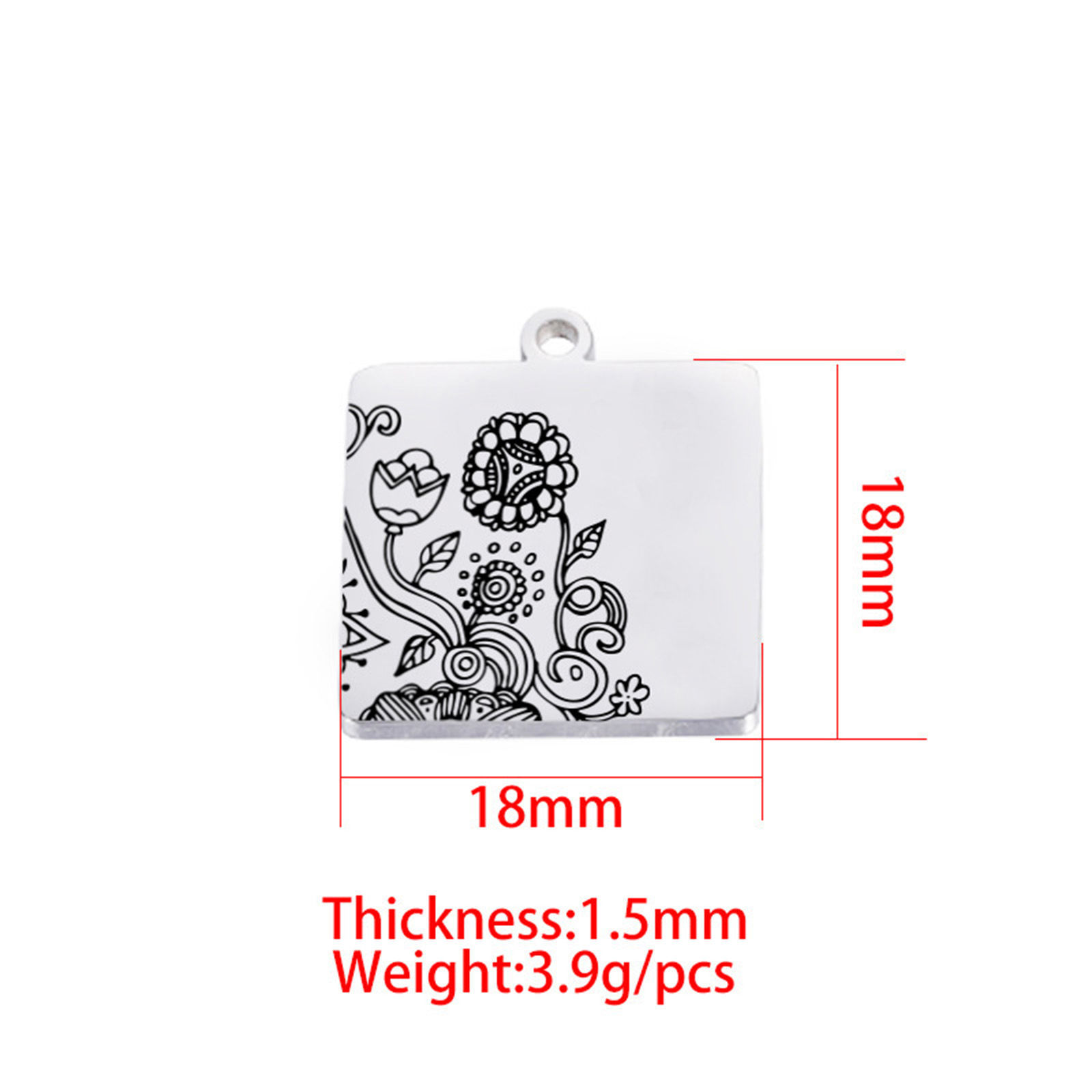 304ステンレス鋼 チャーム 正方形 シルバートーン 花 18mm x 18mm、 1 個 の画像