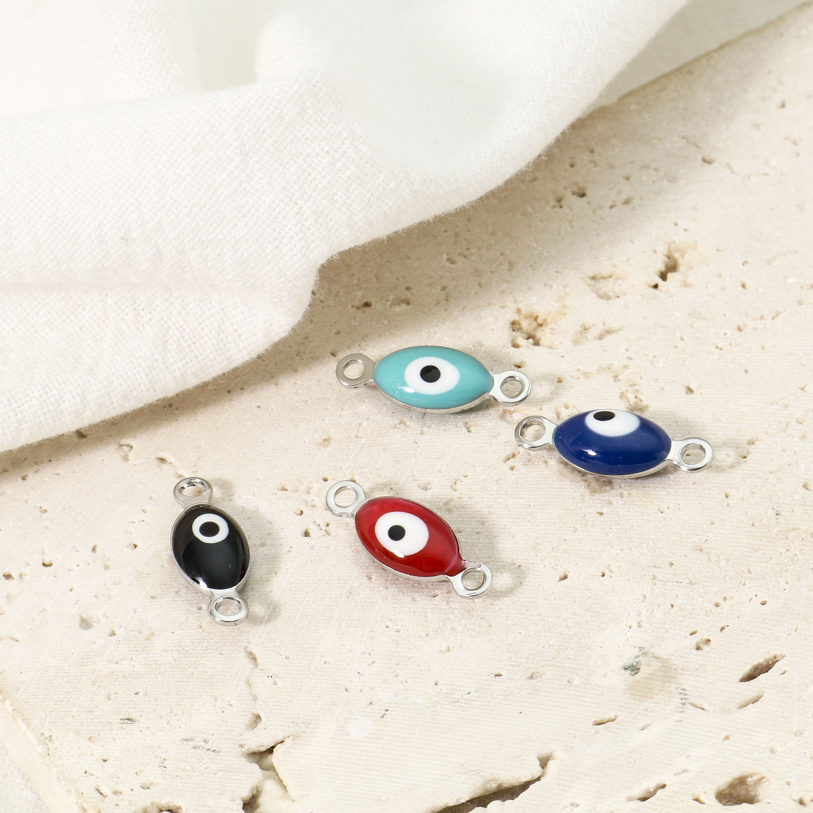 Picture of 304 Stainless Steel Religious Connectors Silver Tone Multicolor Marquise Evil Eye Double-sided Enamel 15.5mm x 6mm