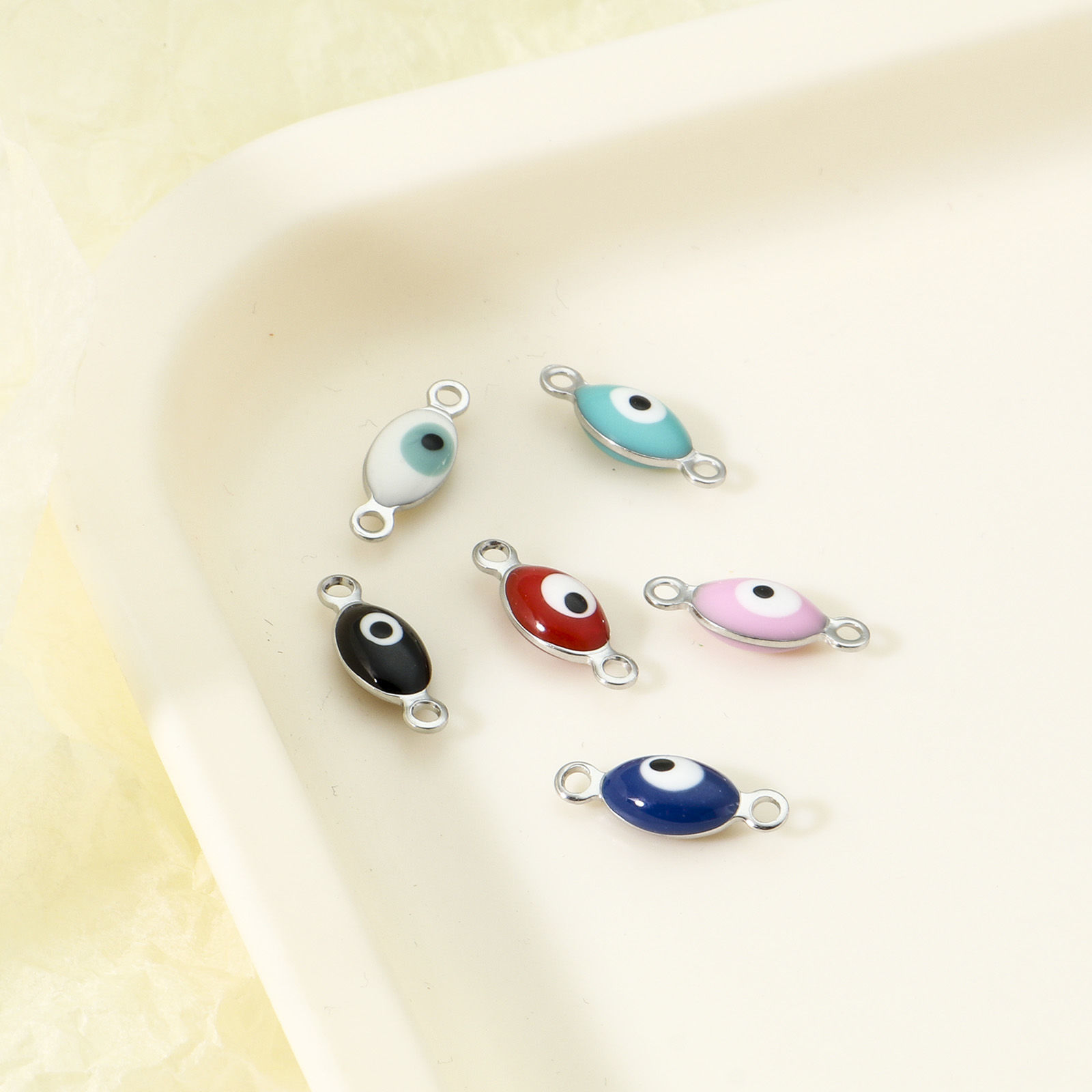 Picture of 304 Stainless Steel Religious Connectors Silver Tone Multicolor Marquise Evil Eye Double-sided Enamel 15.5mm x 6mm