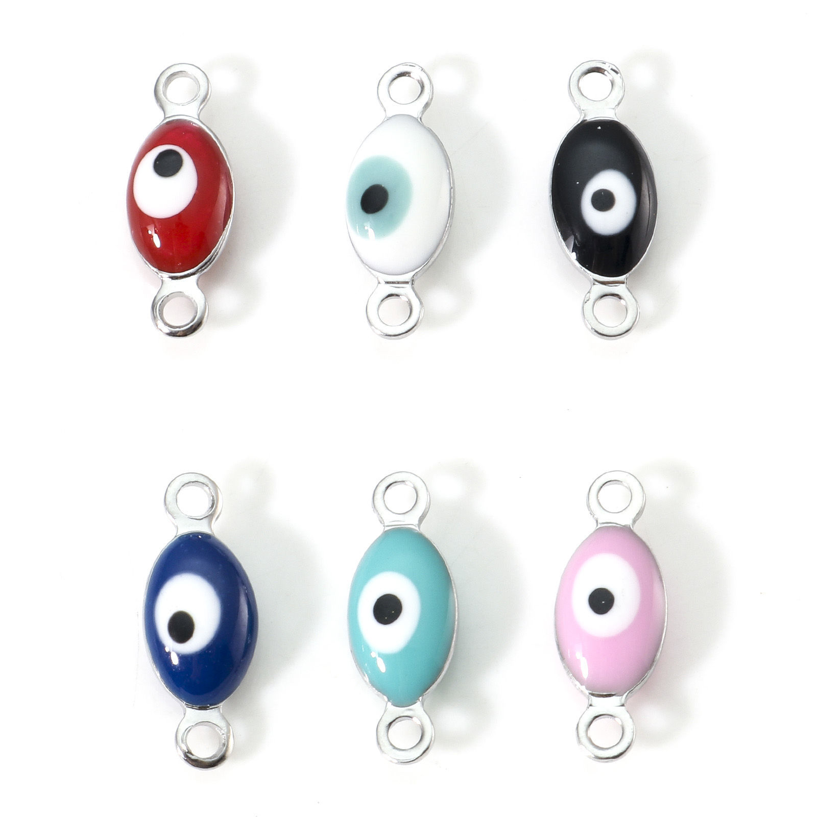 Picture of 304 Stainless Steel Religious Connectors Silver Tone Multicolor Marquise Evil Eye Double-sided Enamel 15.5mm x 6mm